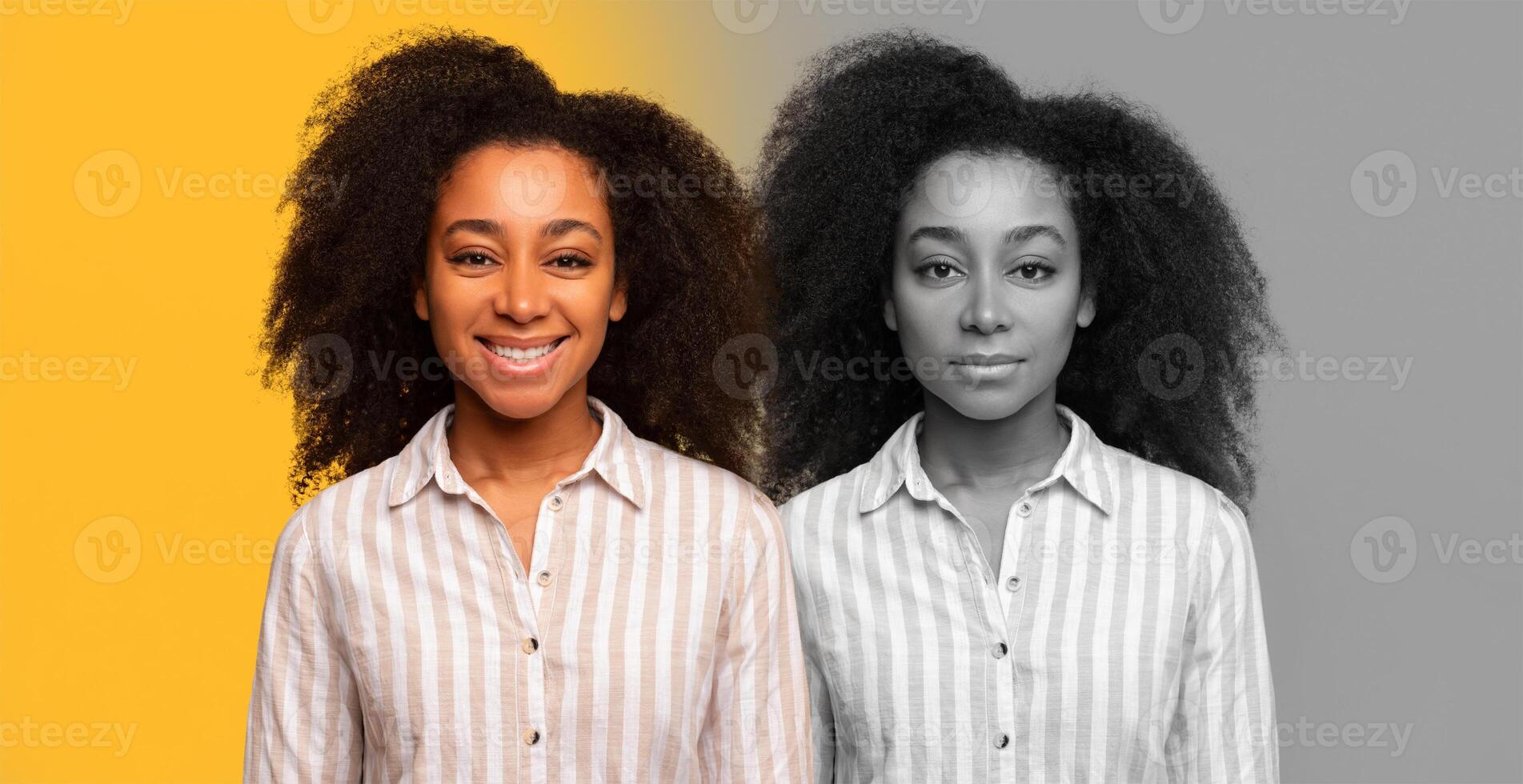 A young black woman with voluminous curly hair standing in front of a two-tone background featuring vibrant yellow and monochrome gray. She demonstrates various emotions photo
