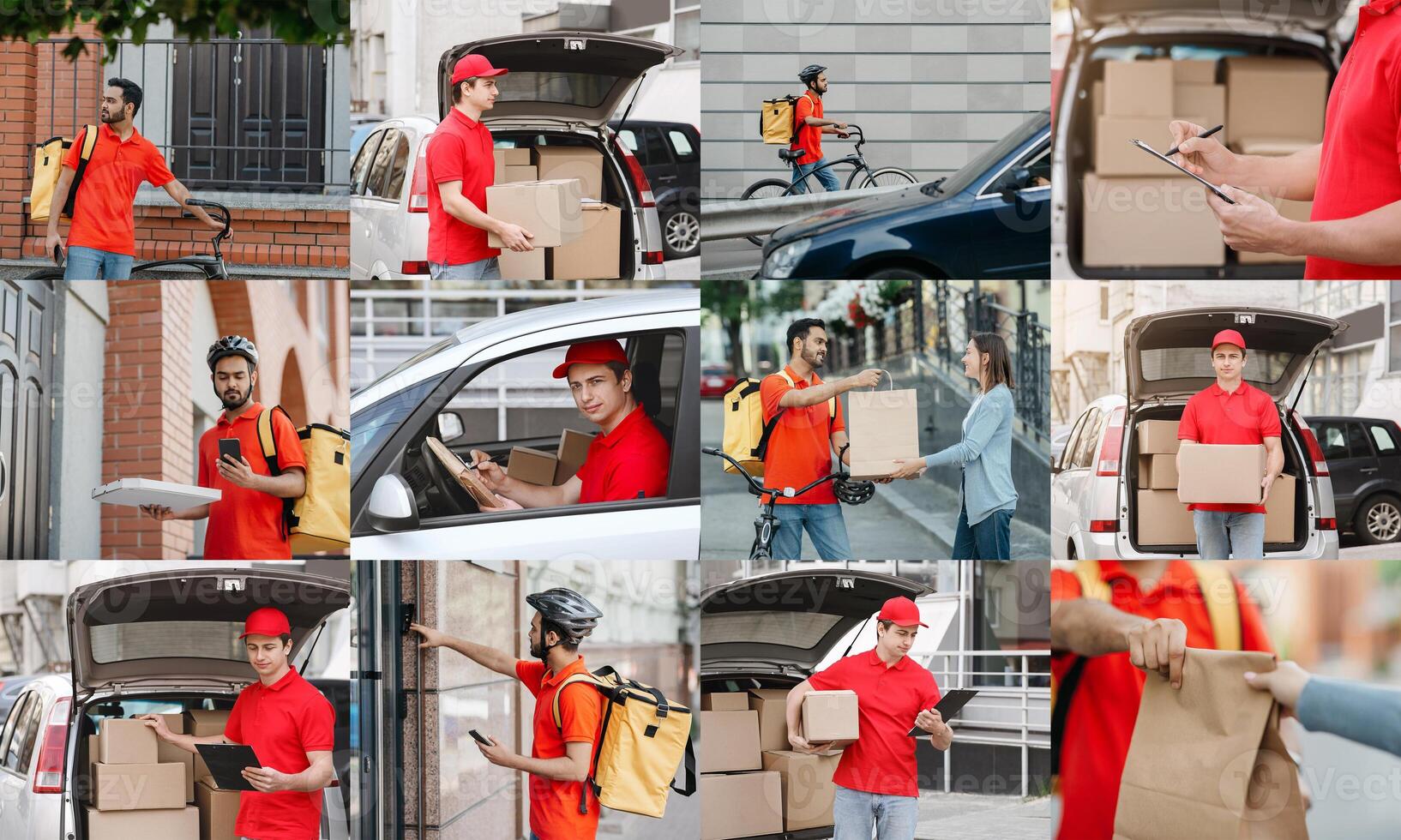 The collage shows multiple delivery drivers delivering packages to different customers in a city setting. They are using cars, bicycles, and walking to reach their destinations. photo