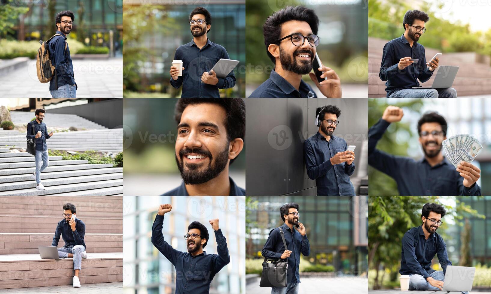 A young Indian man engages in multiple activities outdoors, showcasing a range of emotions and interactions. He is seen working on a tablet, enjoying a drink, and celebrating successes photo