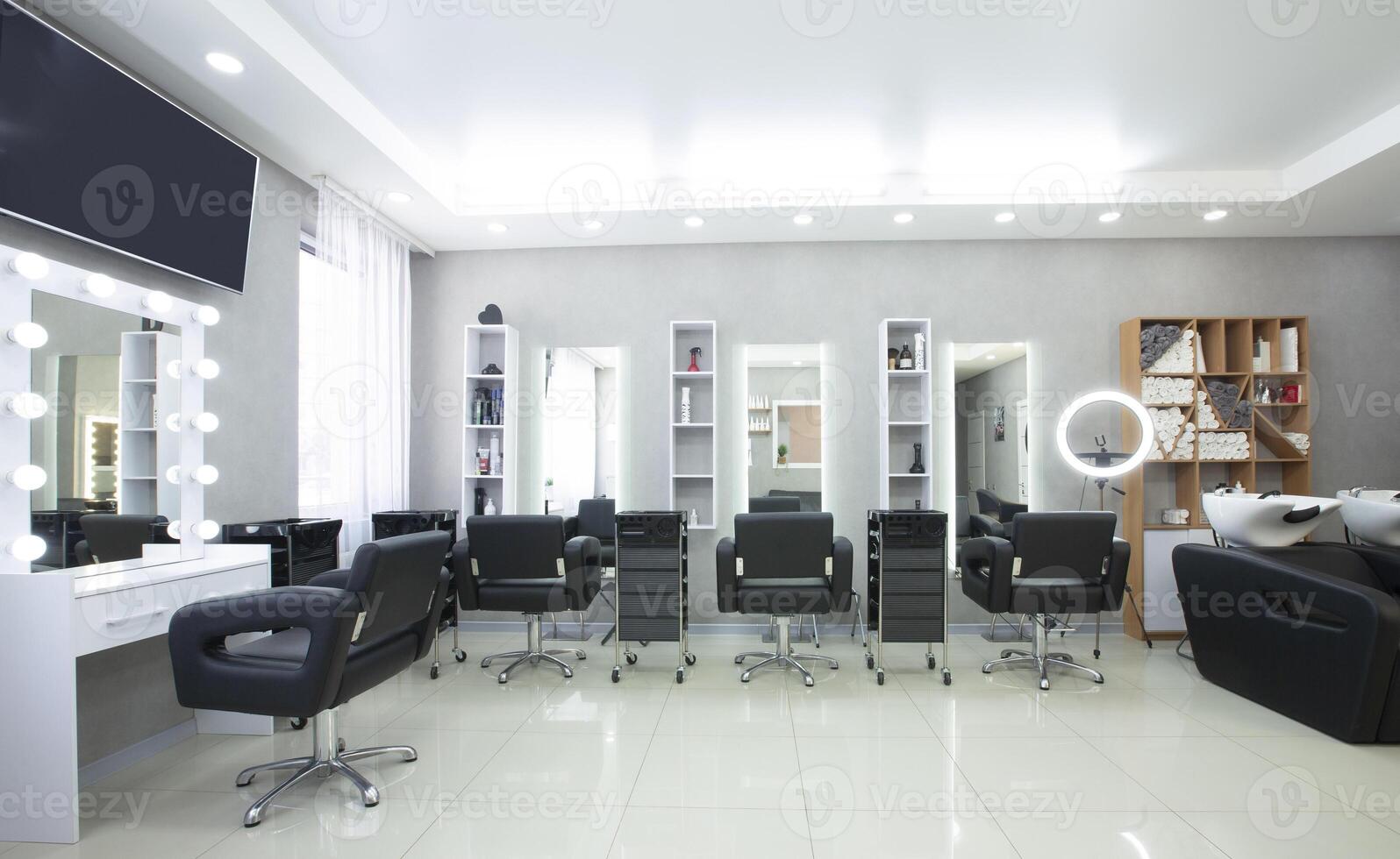 Hairdressing procedures in luxe beauty salon, panorama, free space photo