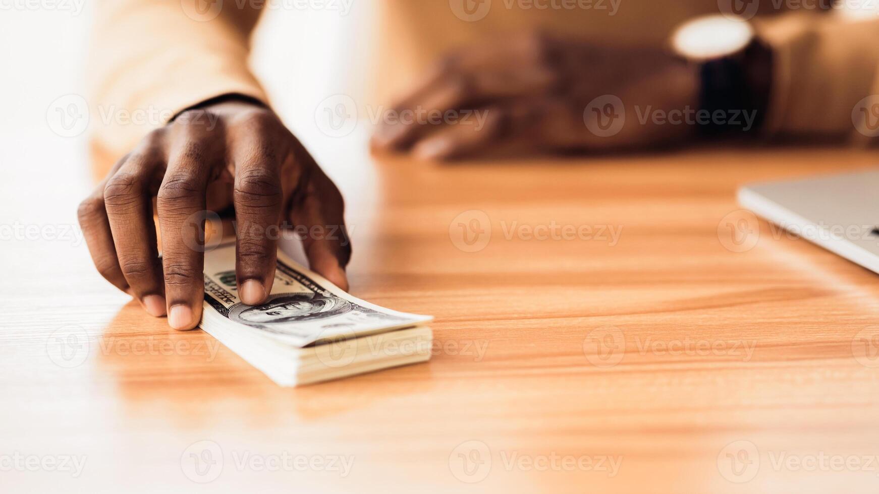 Venality Concept. Unrecognizable african businessman holding bunch of hundred dollar bills, copy space, panorama photo