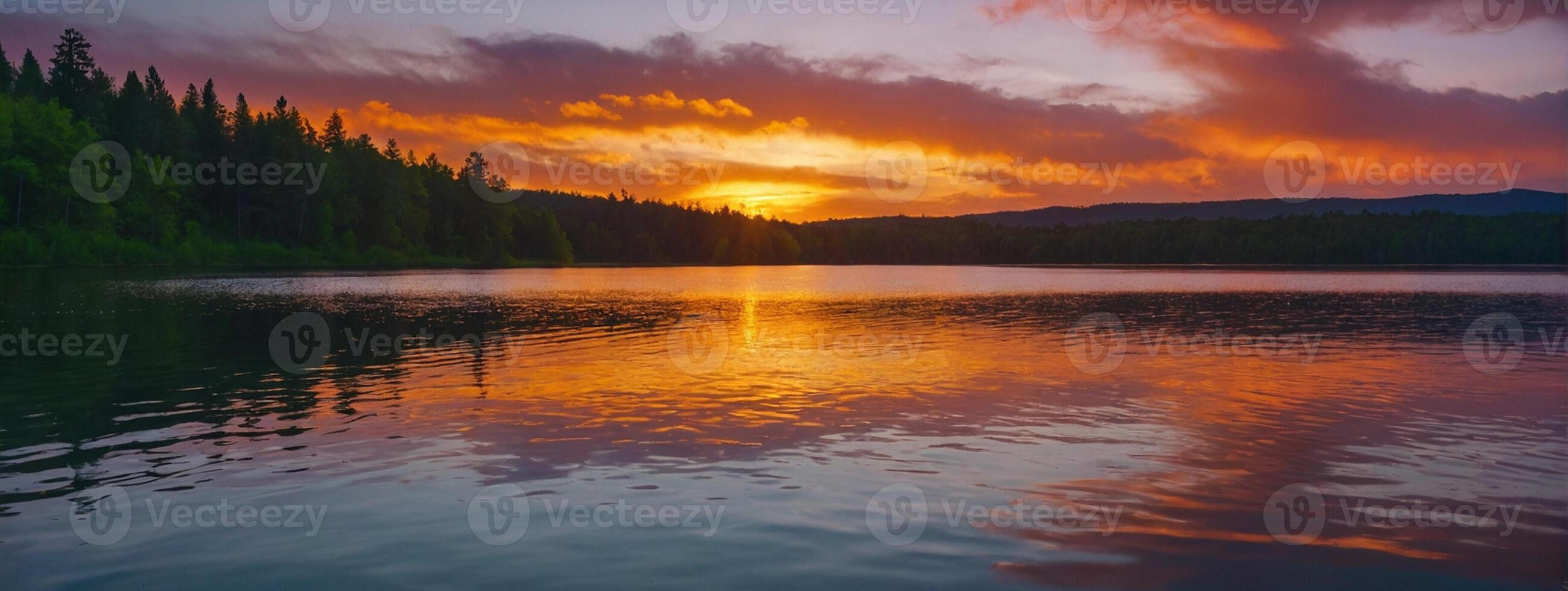 A beautiful sunset over a lake with trees and mountains photo