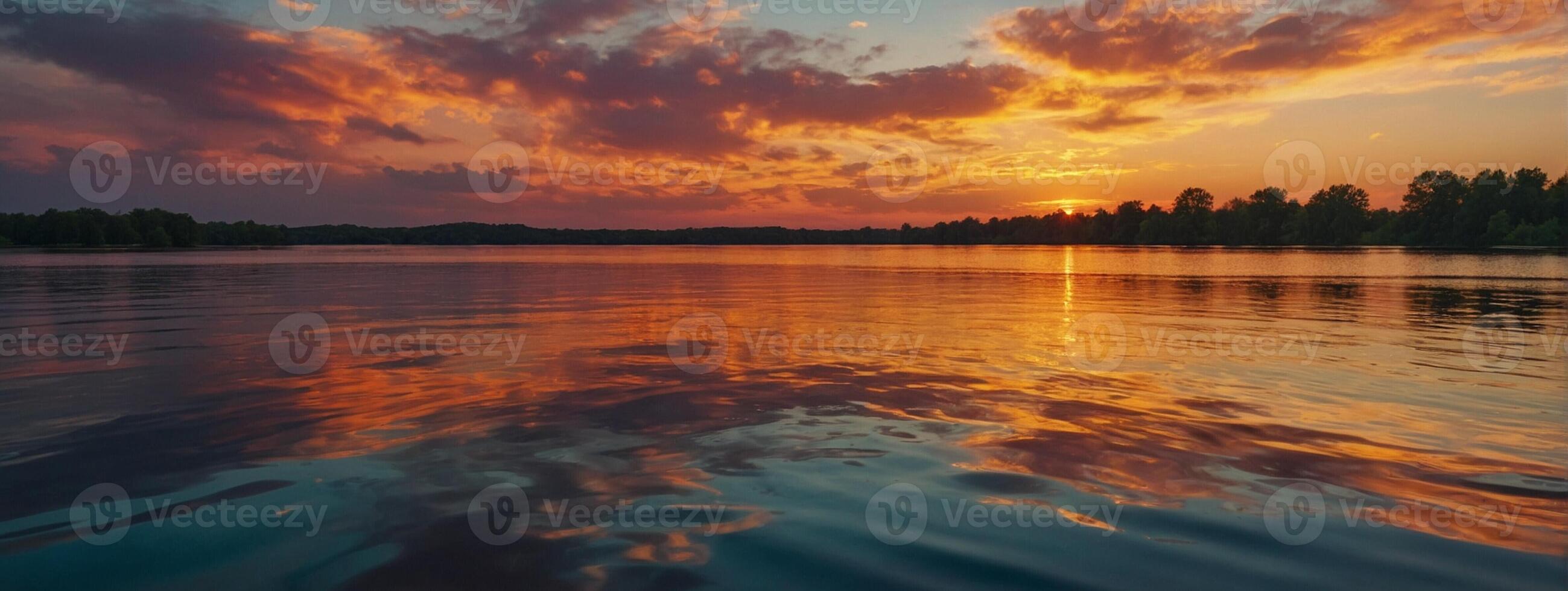 A beautiful sunset over a lake with clouds reflected in the water photo