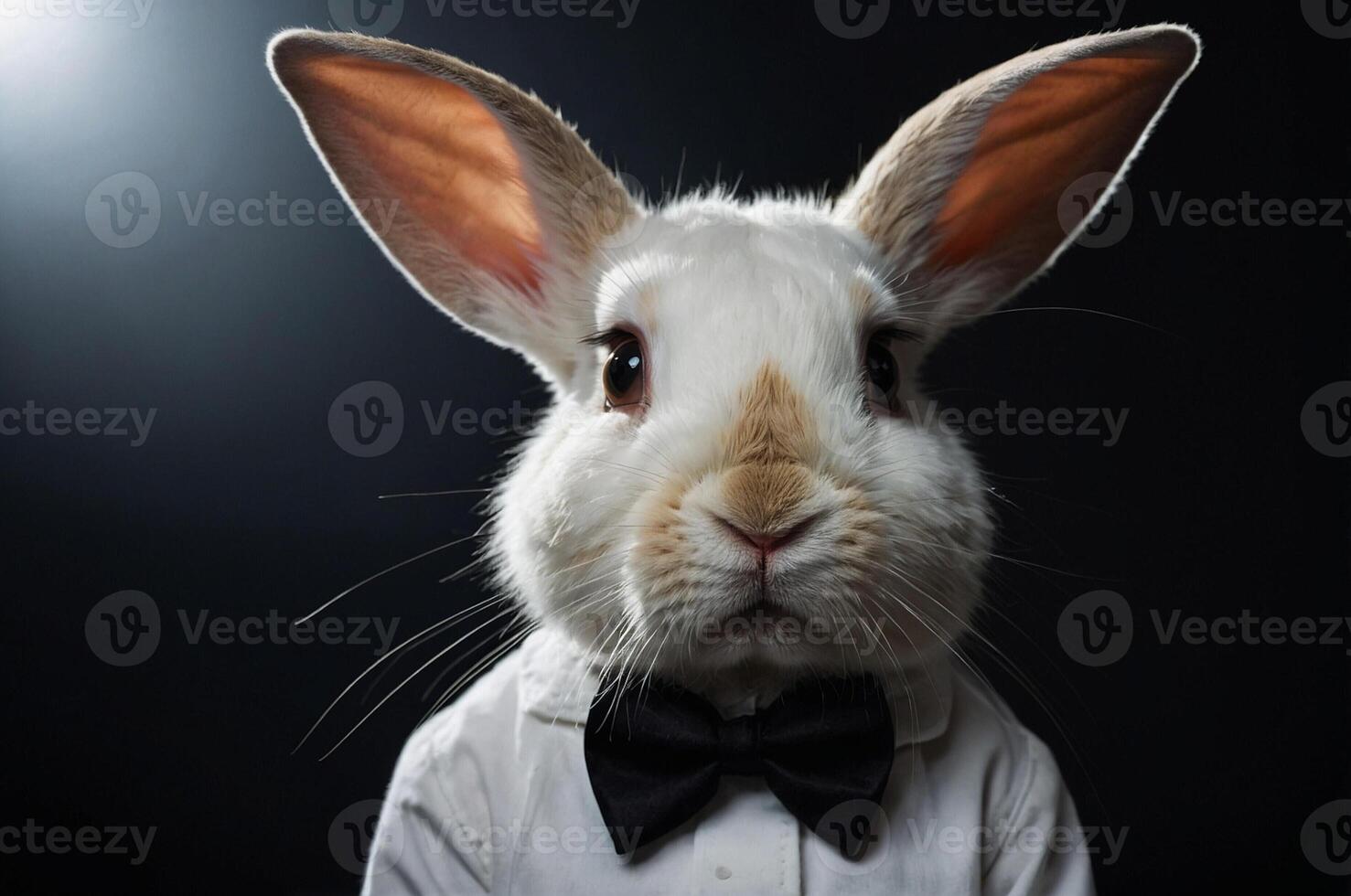 A white rabbit wearing a bow tie and a white shirt photo