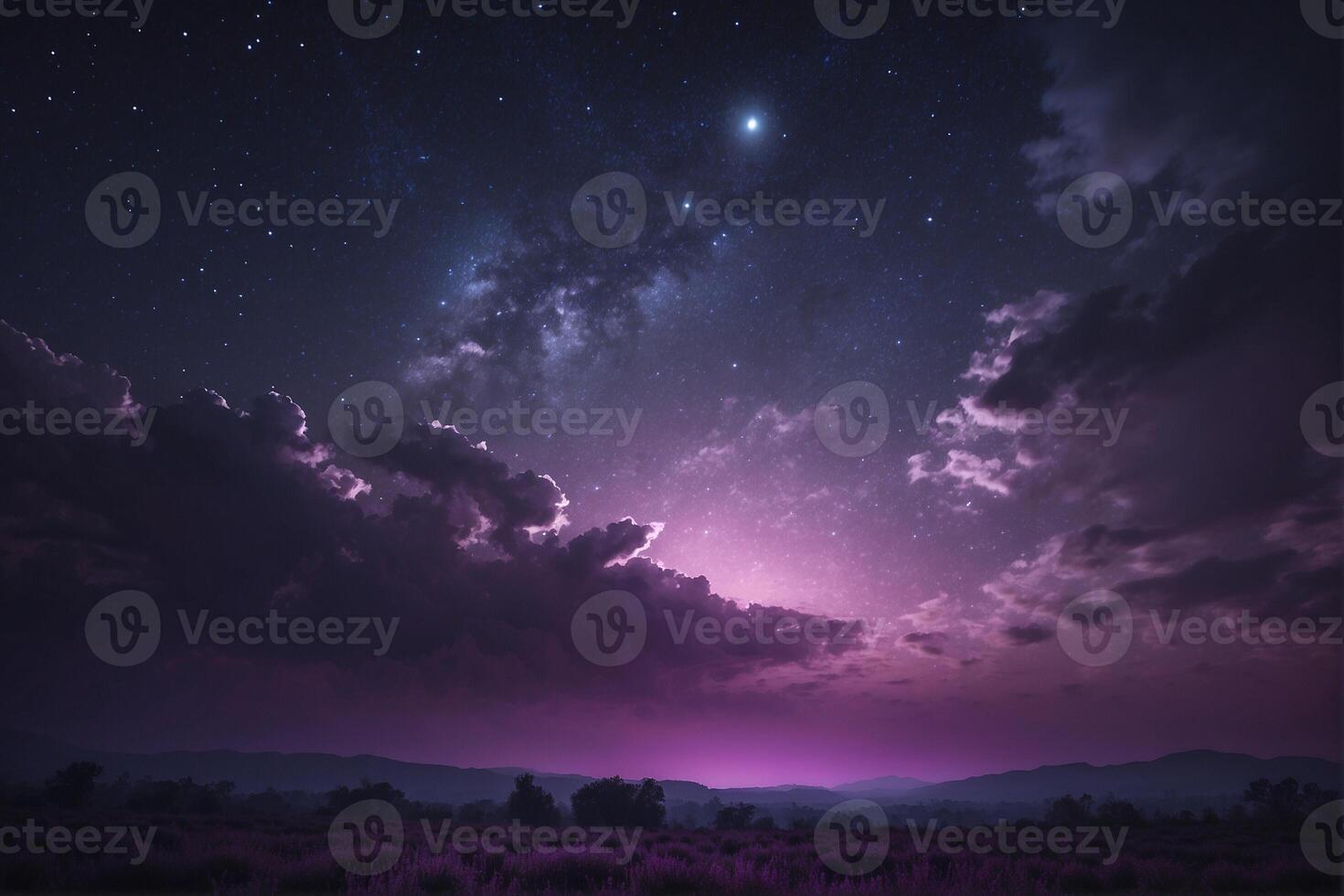 Purple sky with stars and clouds over a field photo