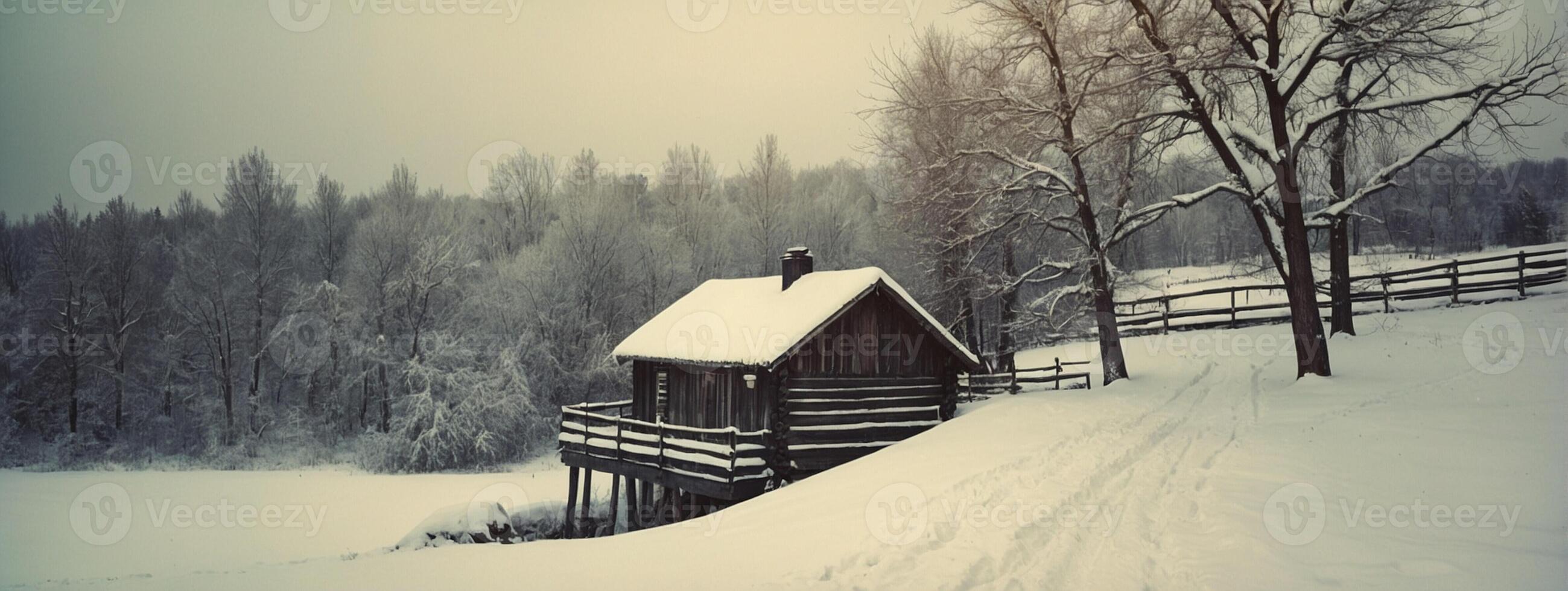 A cabin in the snow with trees and snow photo