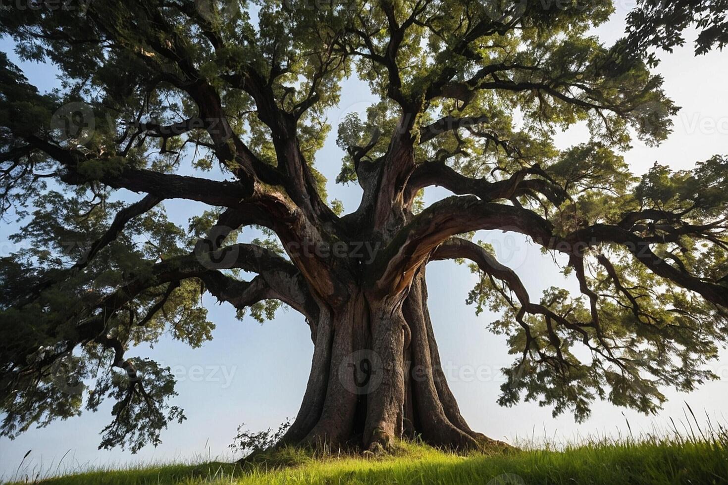 An old oak tree is seen in the grass photo