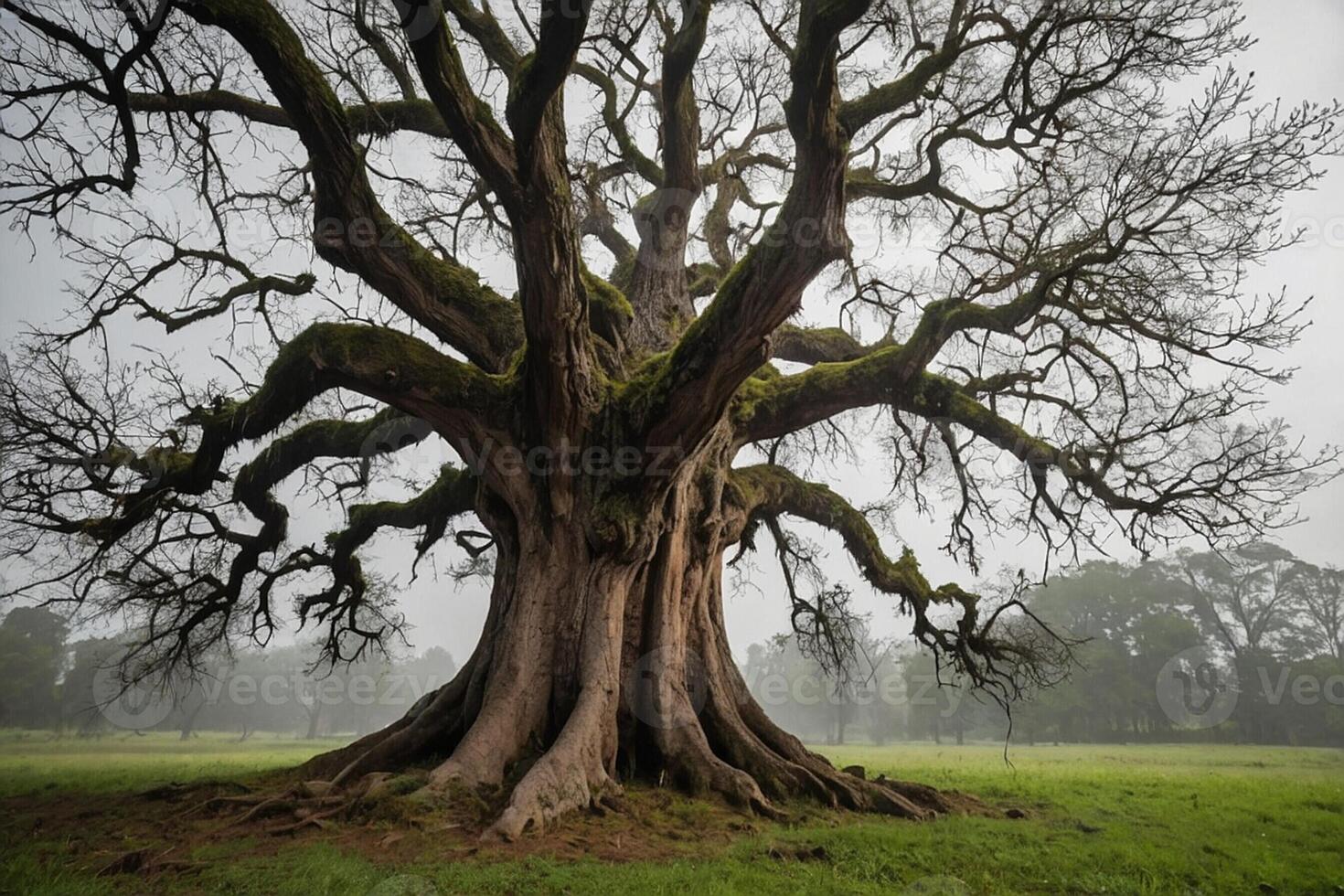 An old tree in the foggy field photo