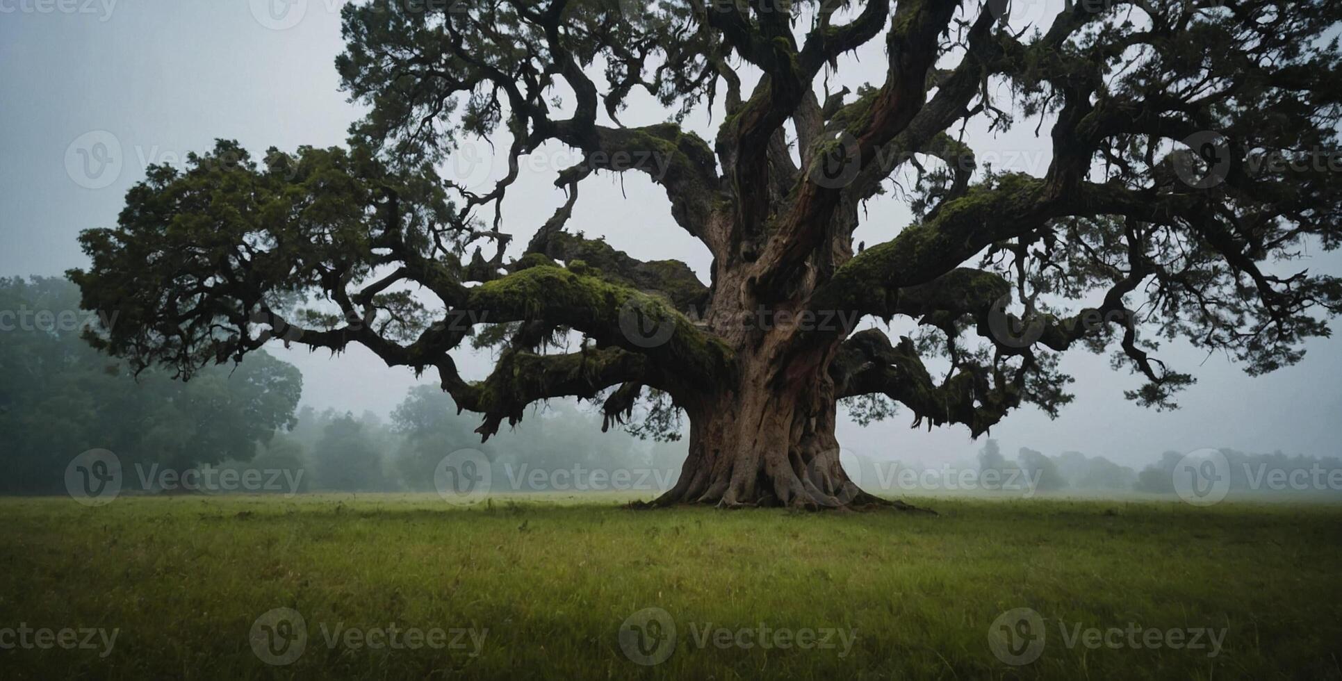 An old oak tree in a foggy field photo