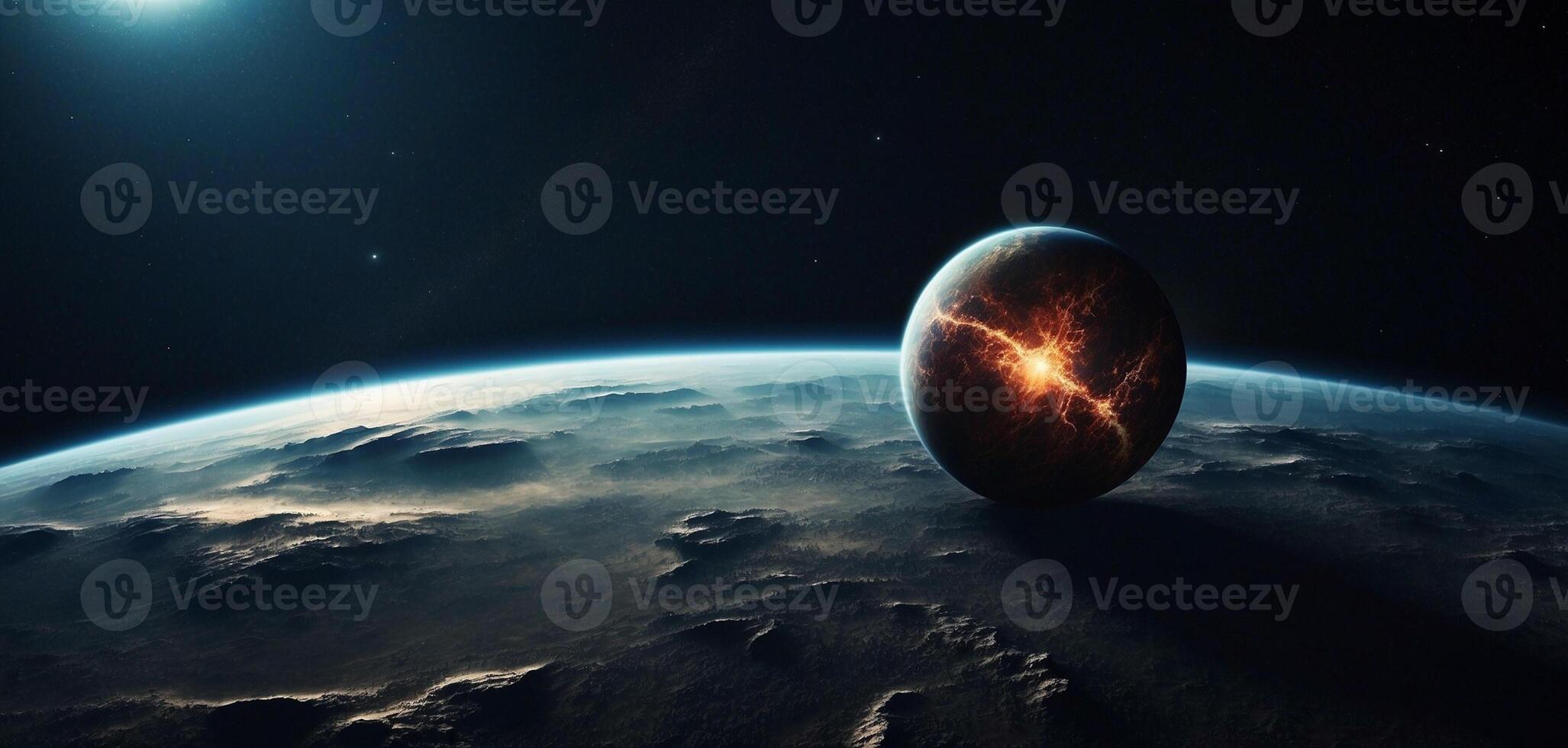 An alien planet with a bright star in the sky photo