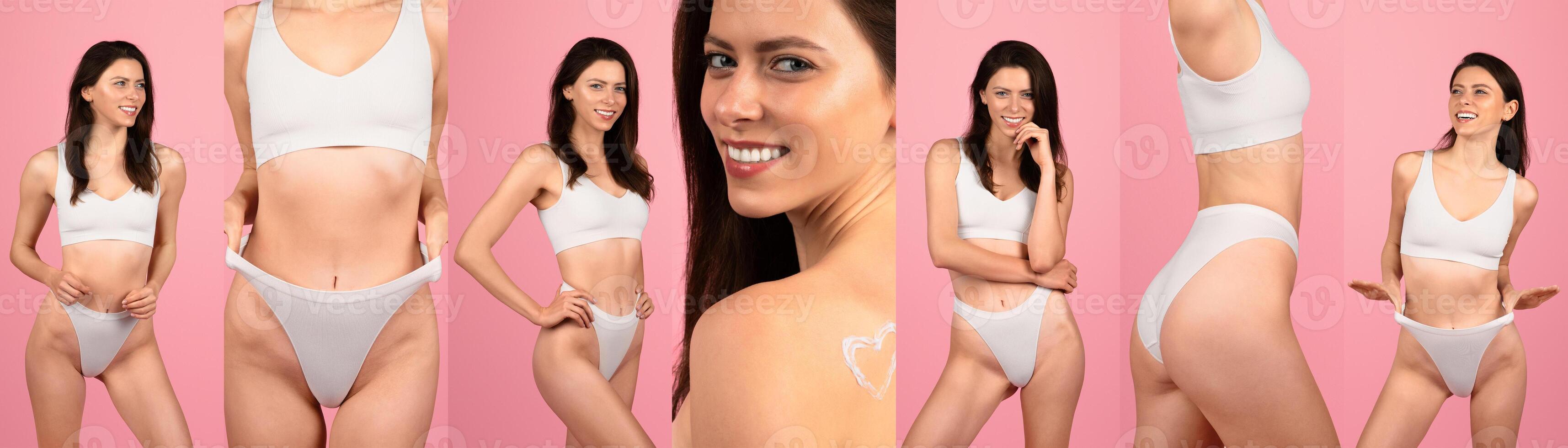 Pretty woman in white lingerie posing with different facial expressions and body language against a pink background. photo