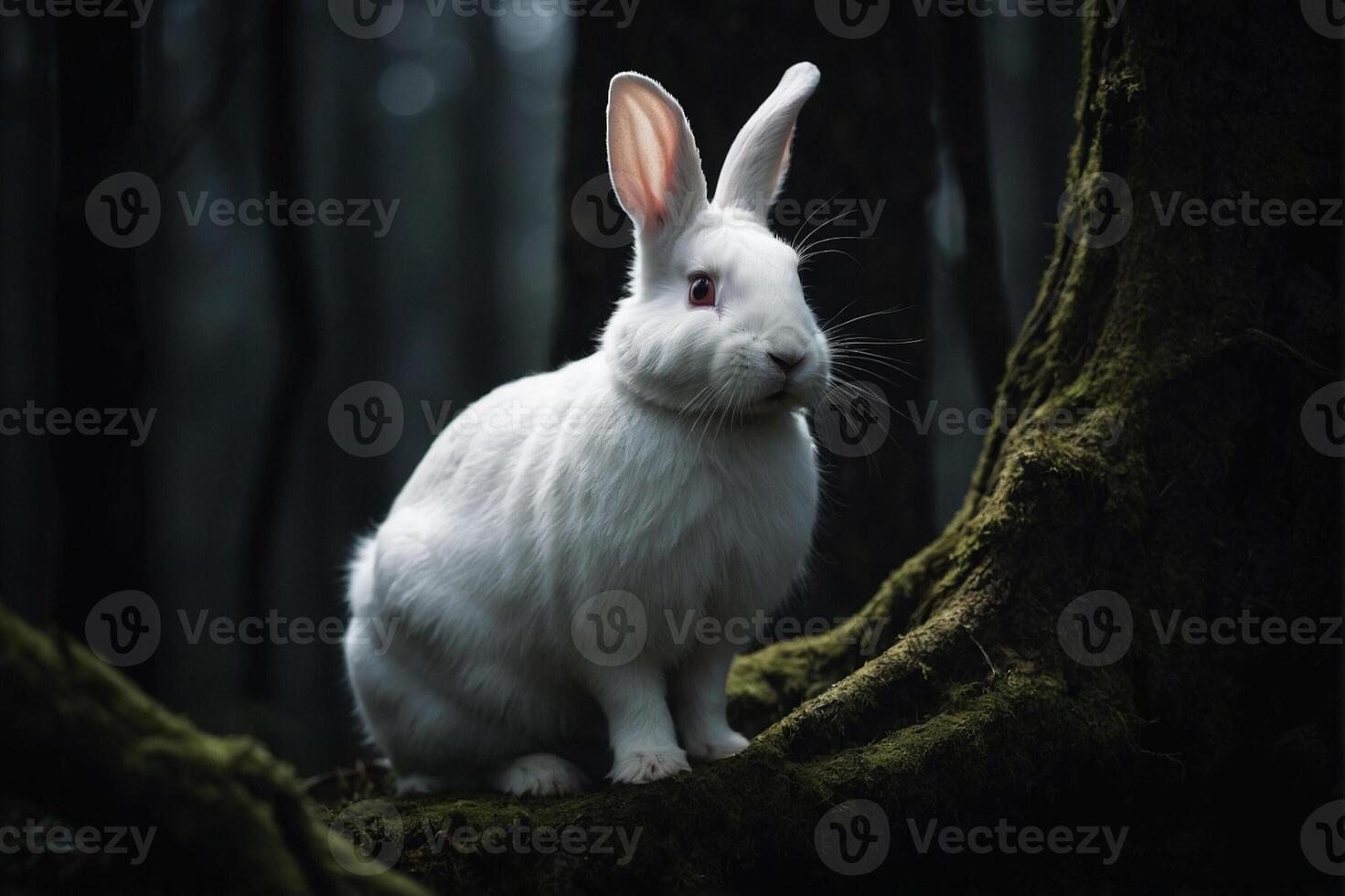 A white rabbit sitting on a tree branch in the dark photo