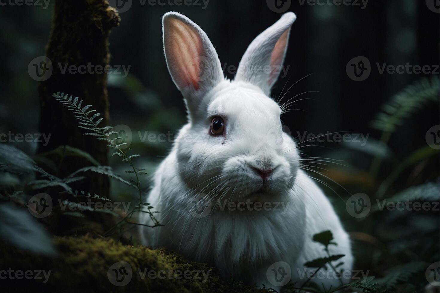 A white rabbit sitting in the middle of a forest photo