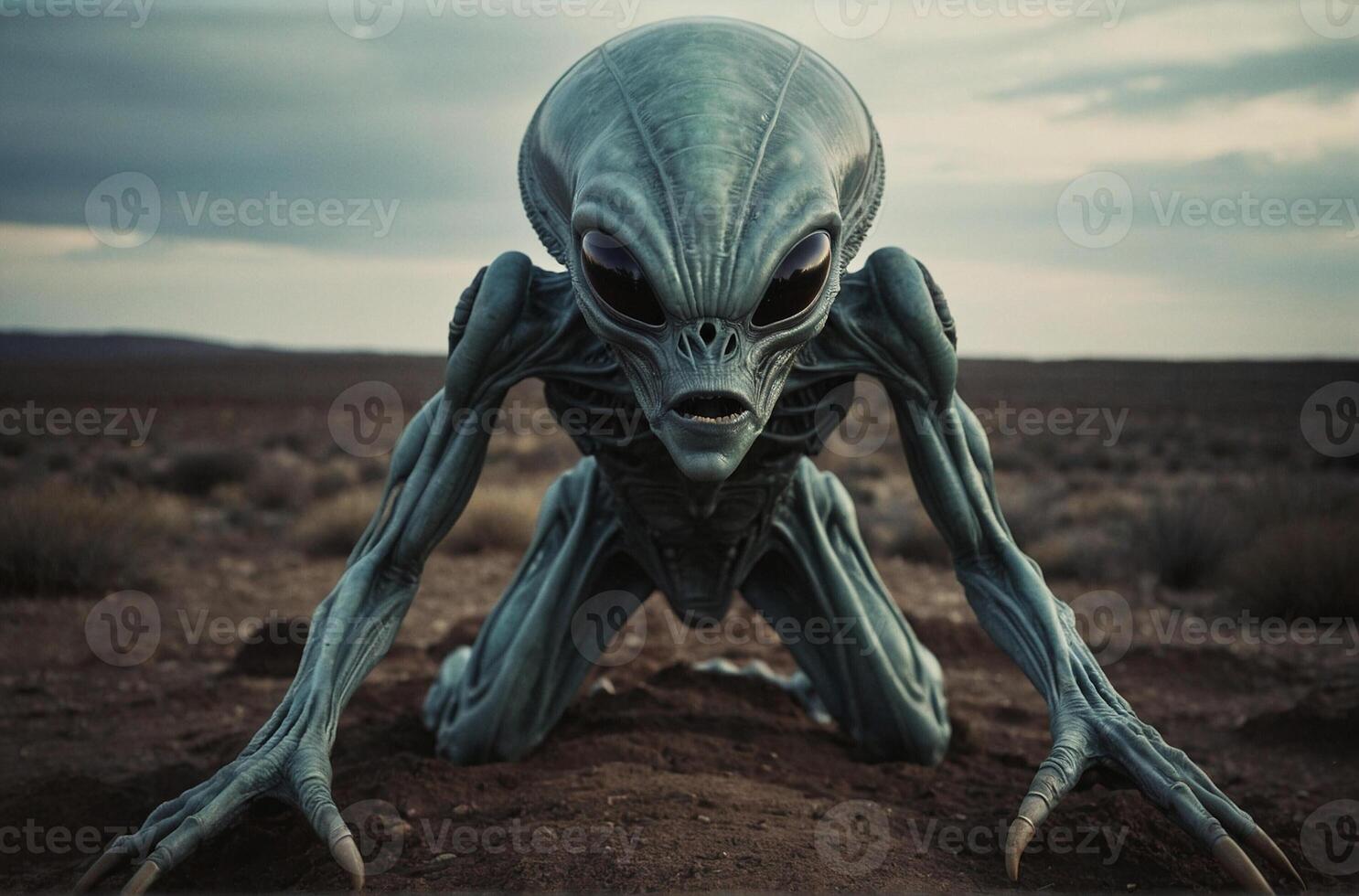 An alien is sitting on the ground in the desert photo
