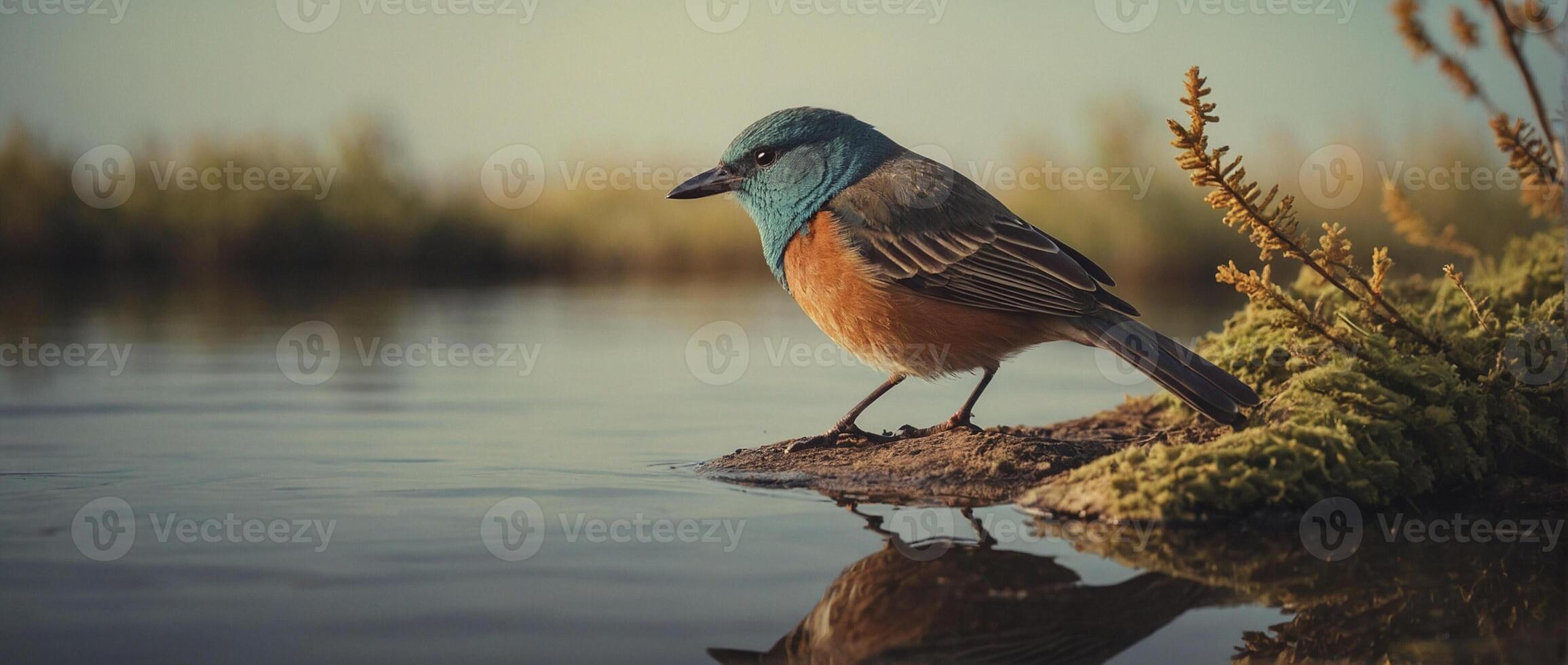 A blue and orange bird standing on a rock in the water photo