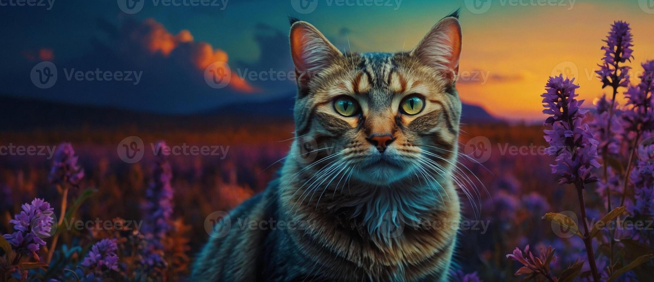 A cat in a field of purple flowers photo