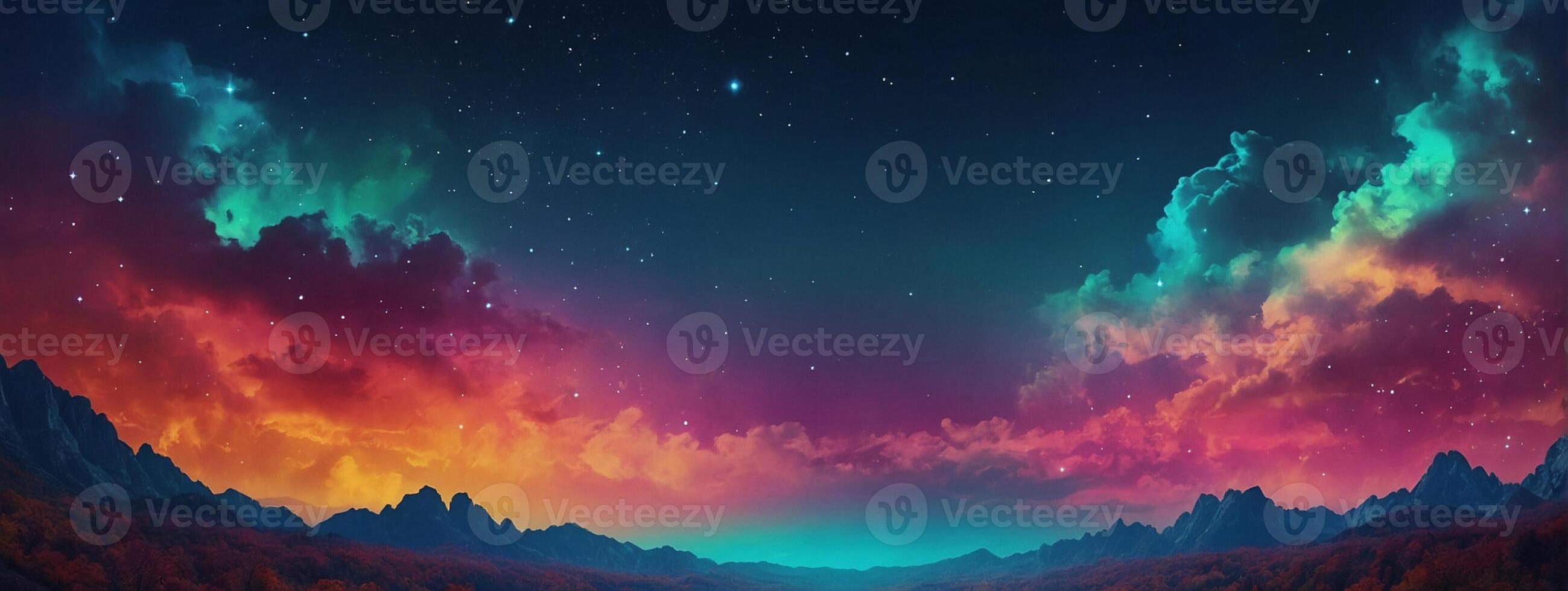 A colorful aurora sky over a mountain range photo