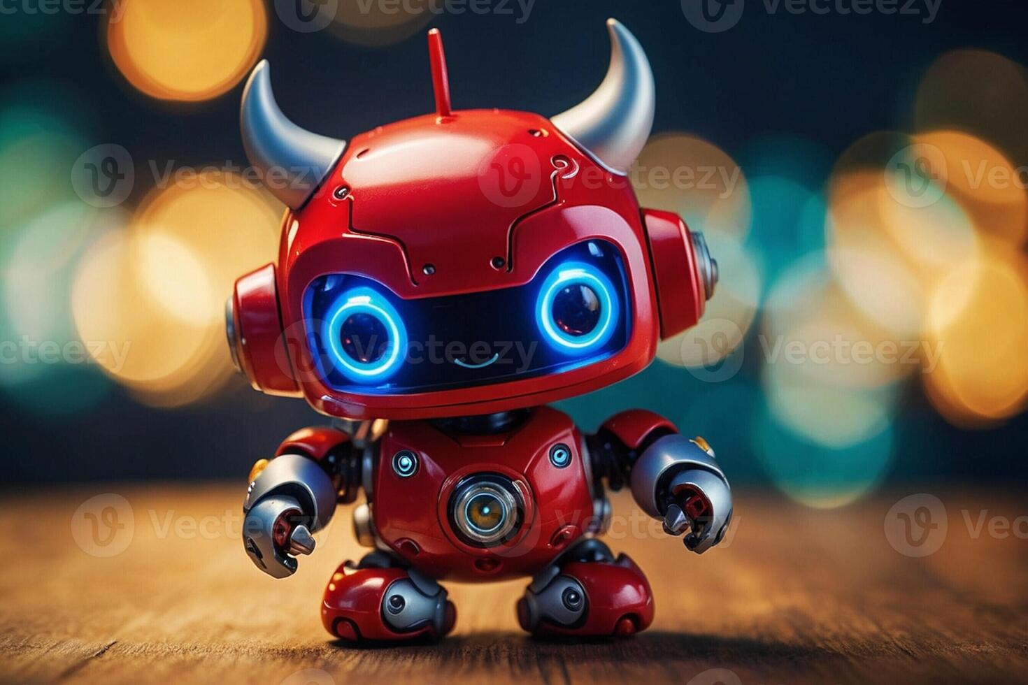 Red Robot With Blue Eyes Sitting on a Table photo