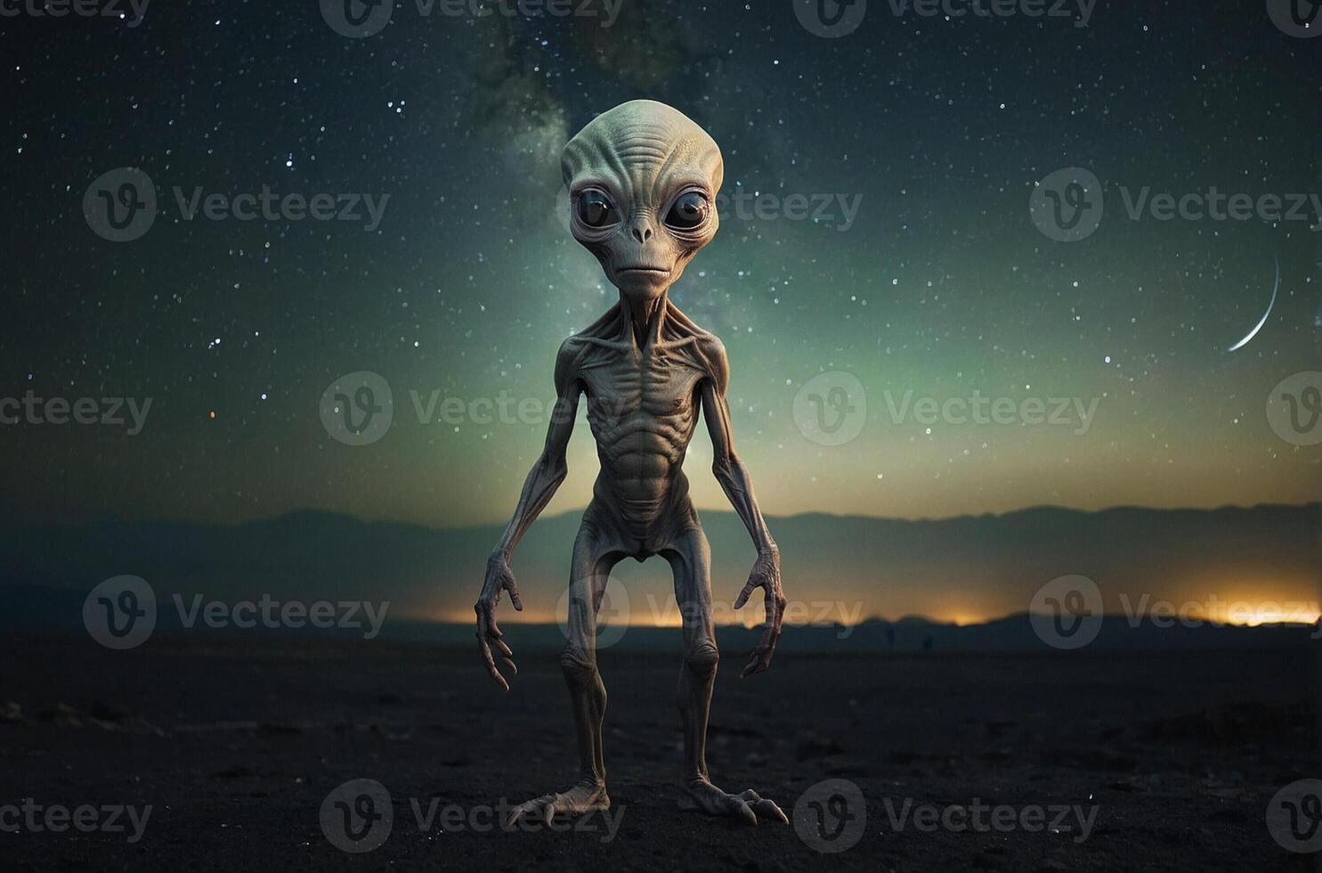 An alien standing in the desert with a starry sky photo