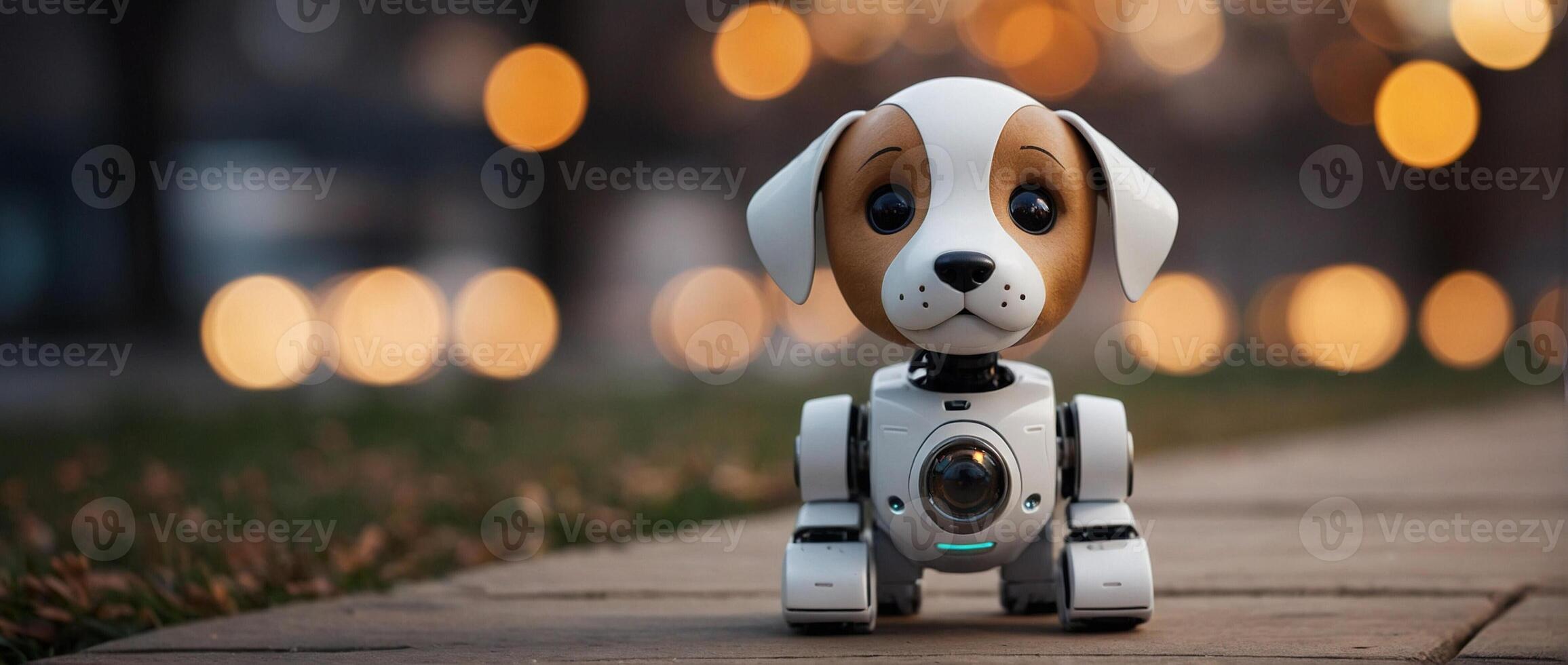 A robot dog sitting on the ground with blurred lights in the background photo