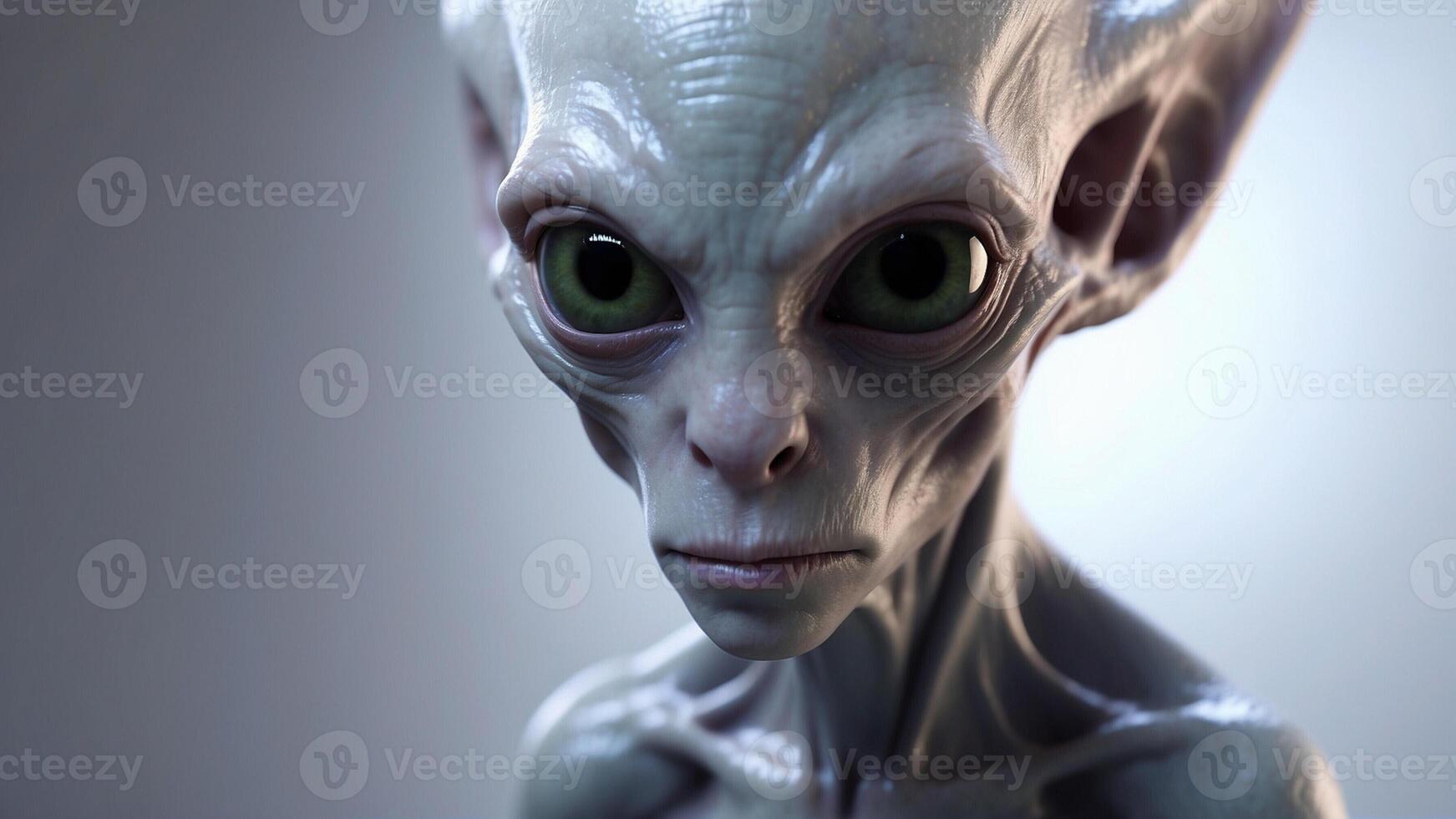 An alien with green eyes and a big head photo