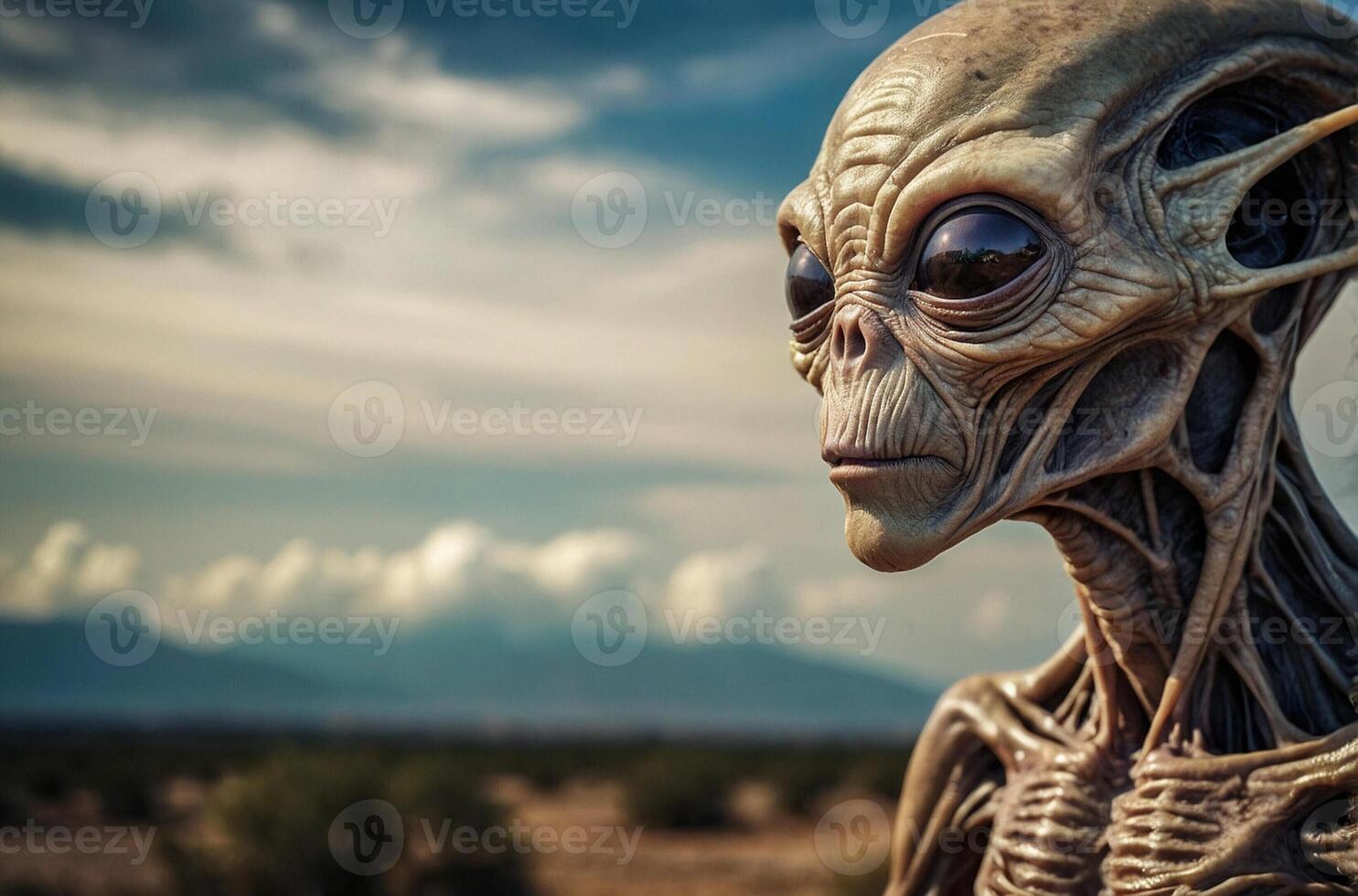 An alien with a large head and eyes photo
