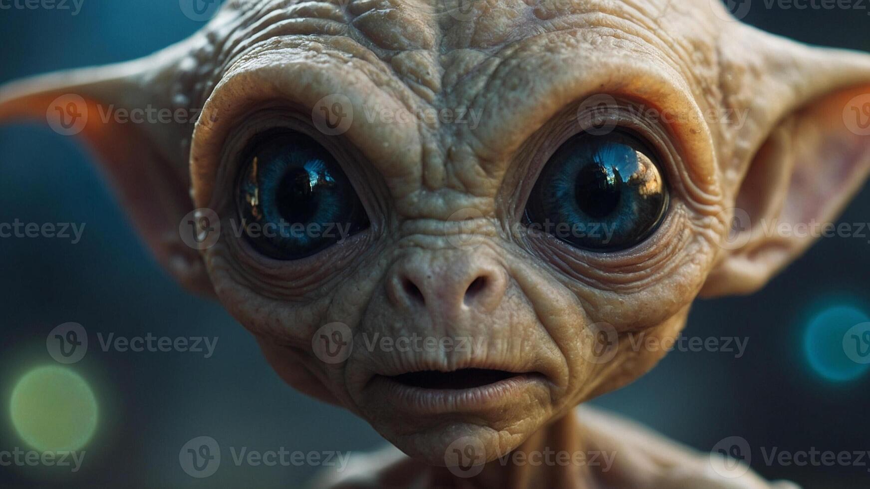 Curious Alien Staring at Camera, bokeh background, cute and adorable photo