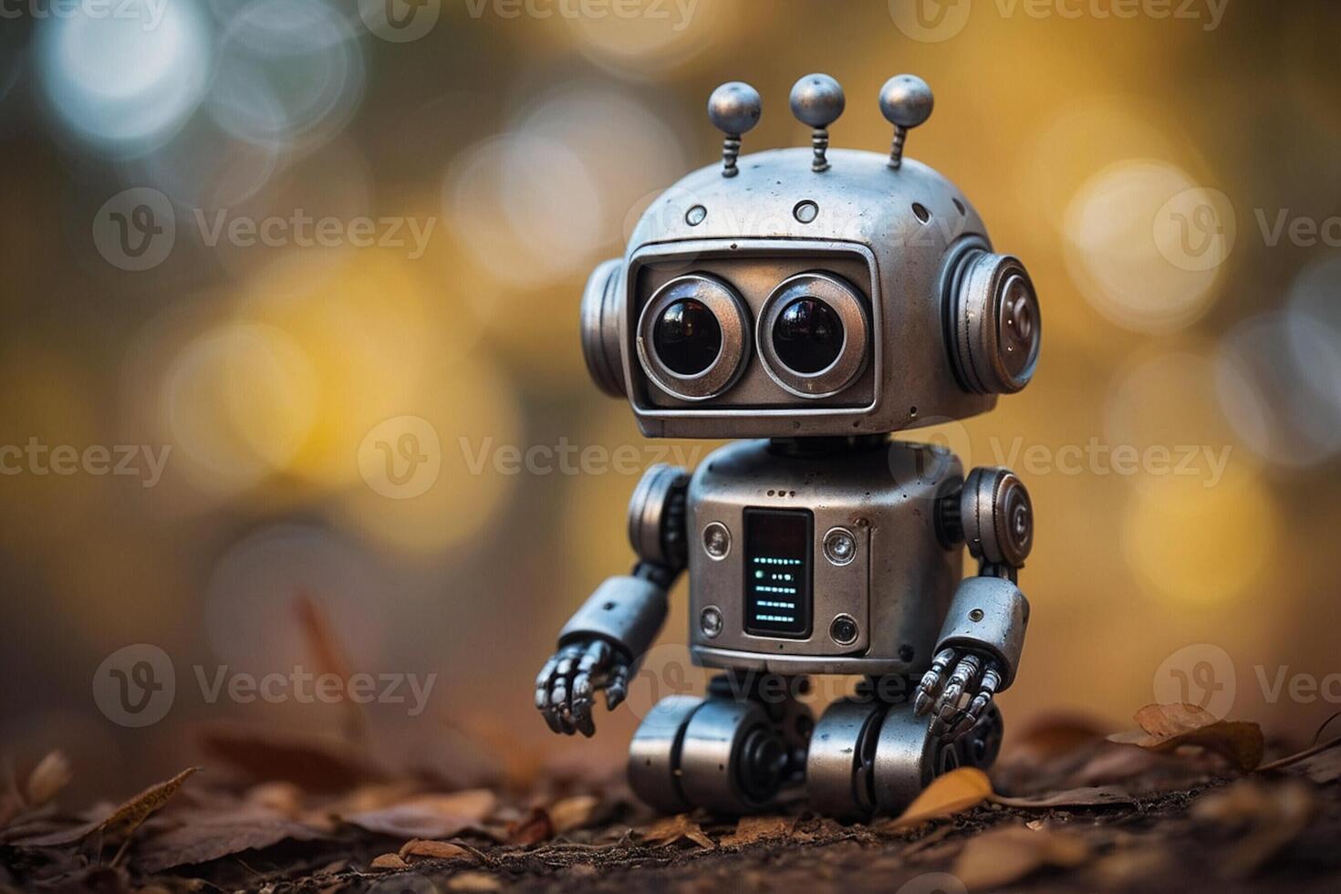Adorable Robot Sitting Among Autumn Leaves in a Forest at Dusk photo