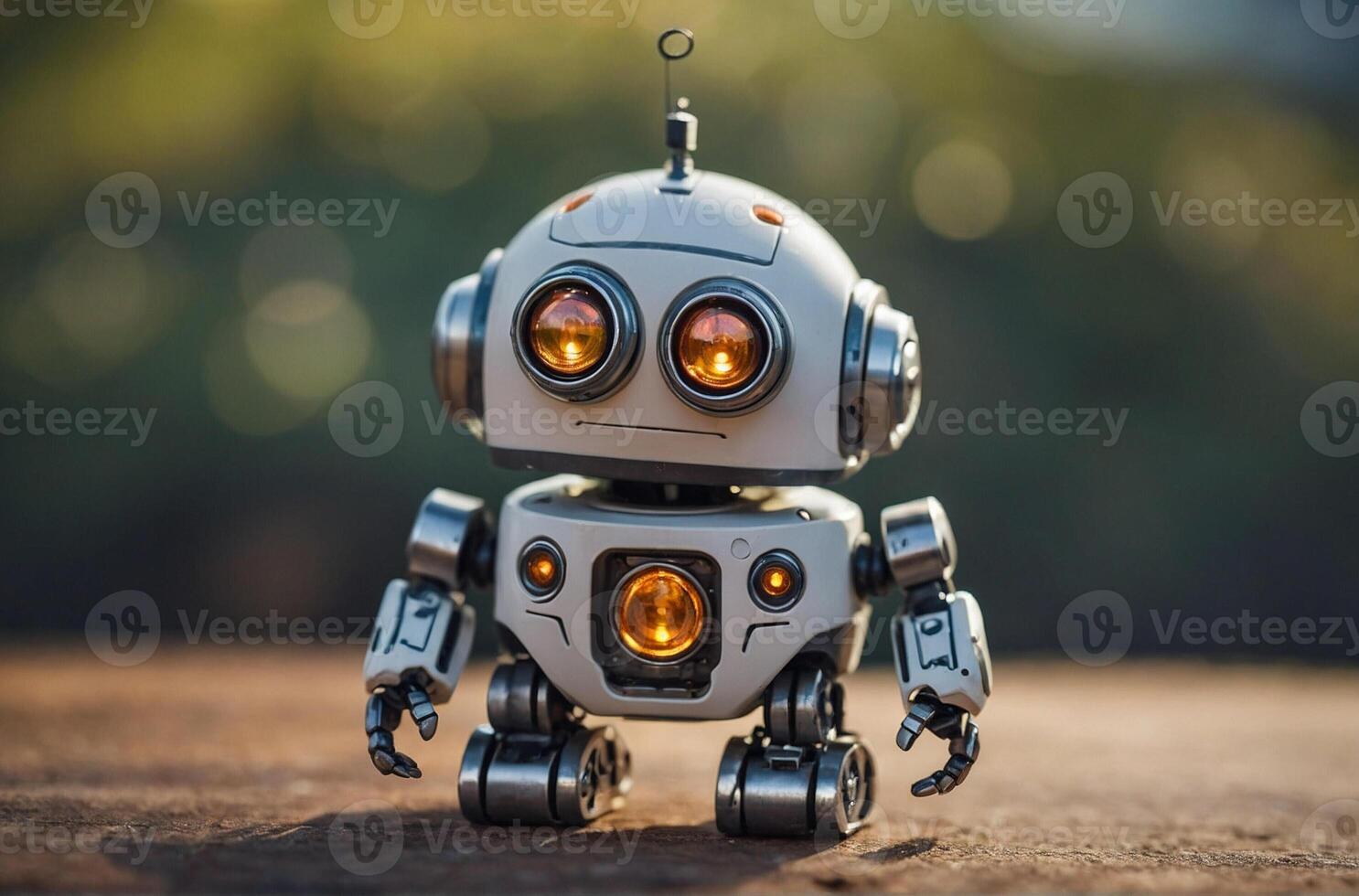 A robot toy with orange eyes sitting on a wooden surface photo