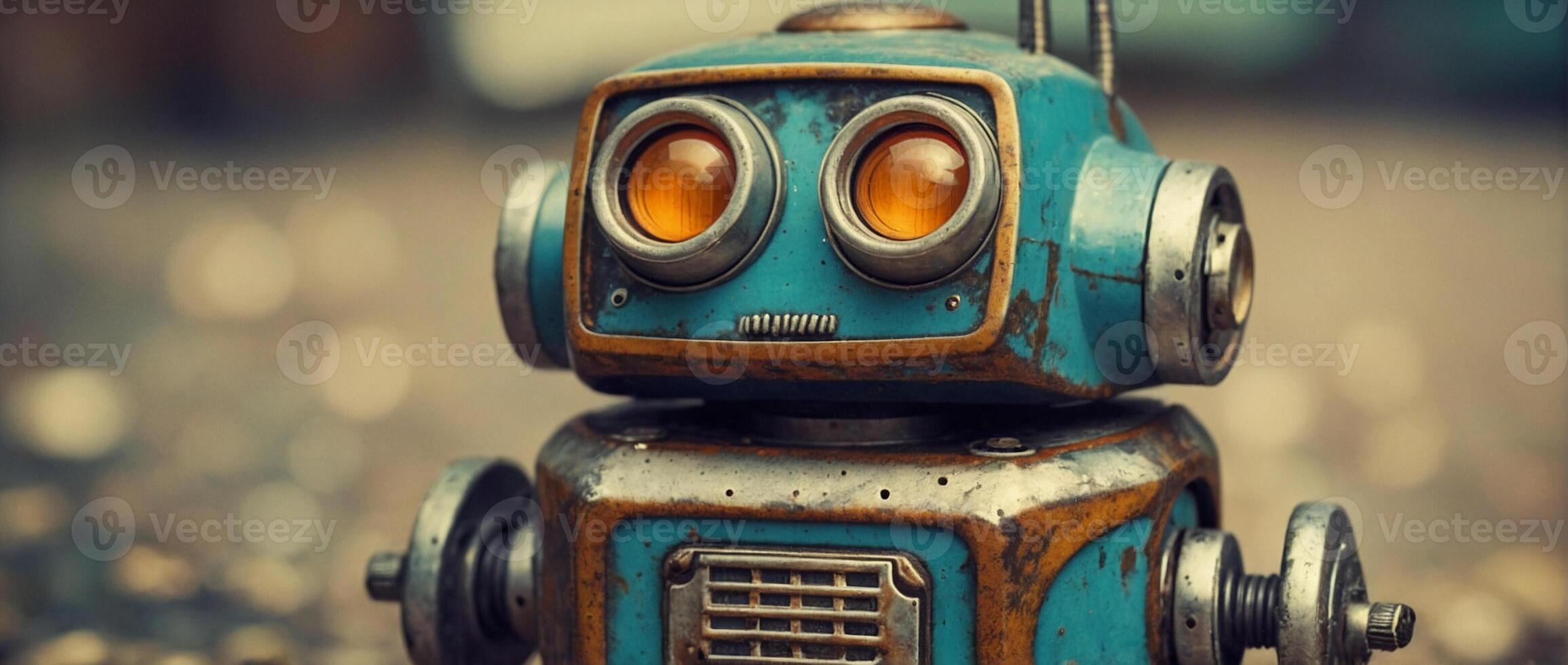 A robot with orange eyes is sitting on the ground photo
