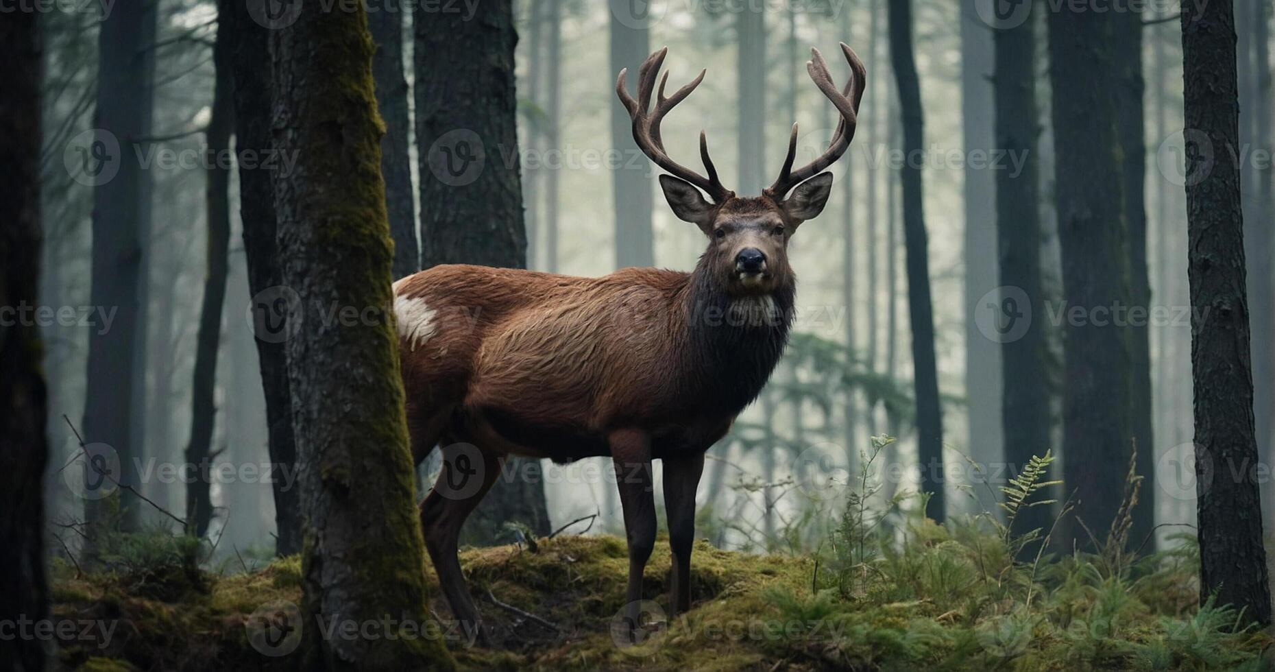 A deer stands in the middle of a forest photo