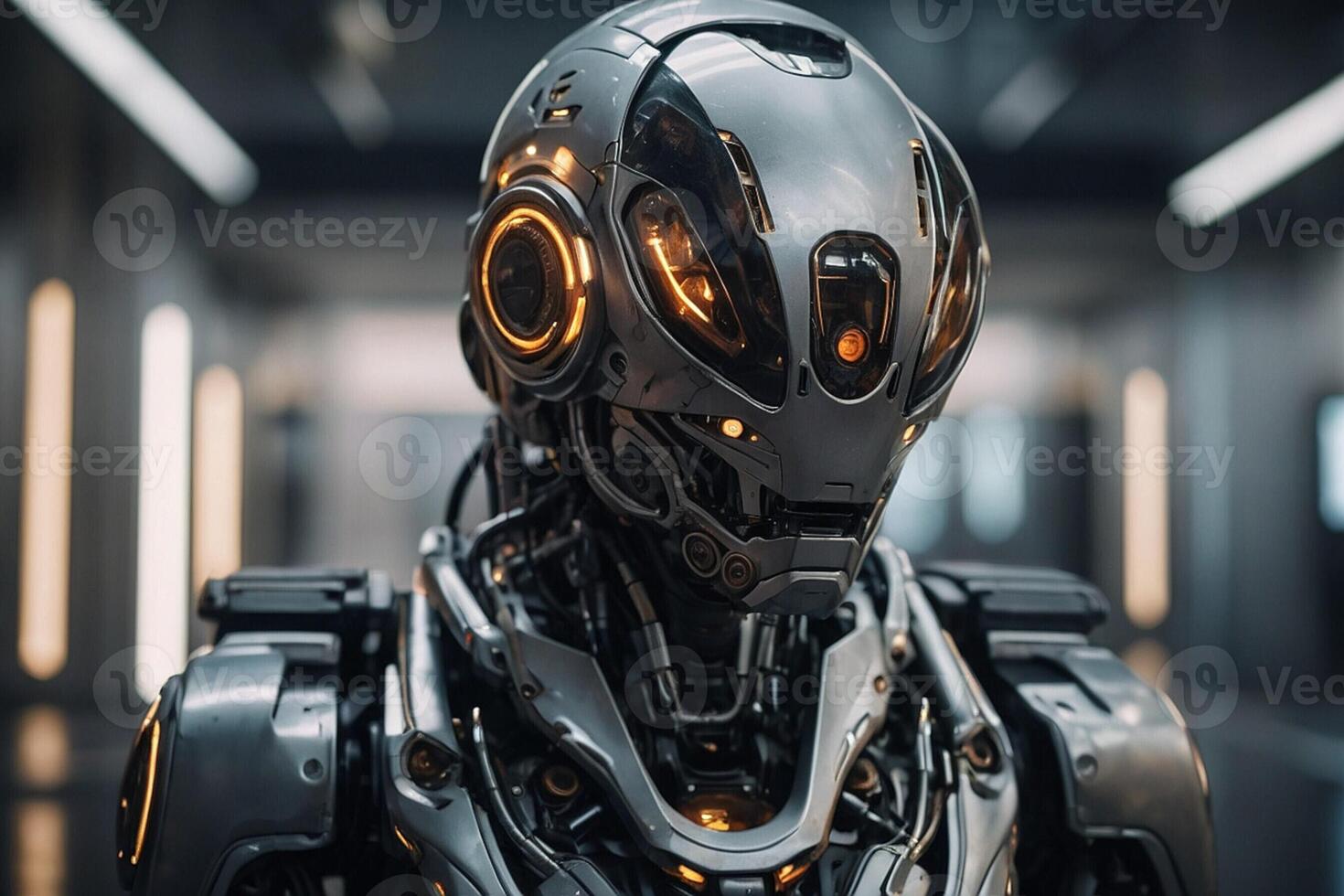 Close-Up View of an Advanced Futuristic Robots Head in a Modern Laboratory Setting photo