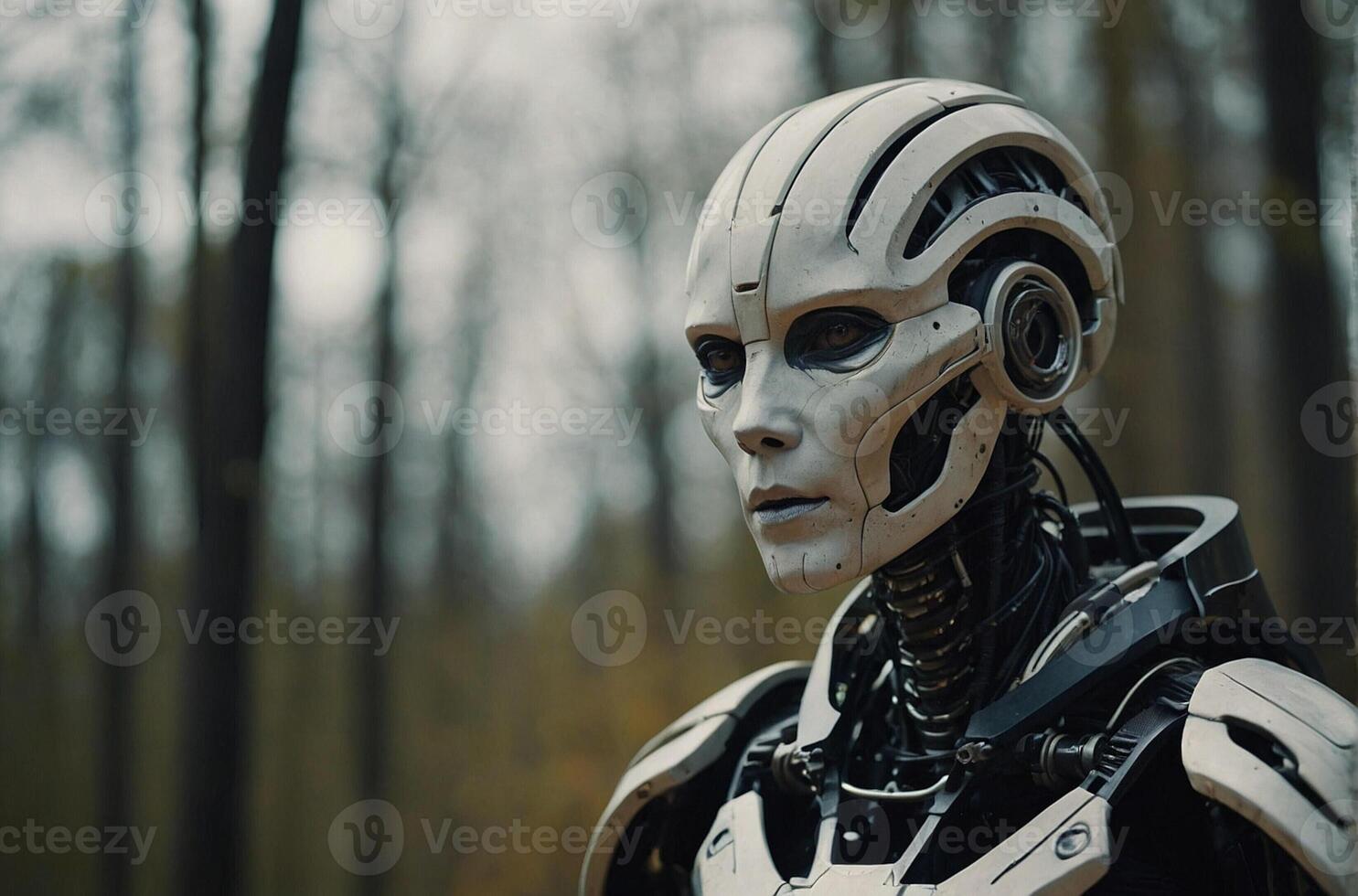 A robot in the woods with trees in the background photo