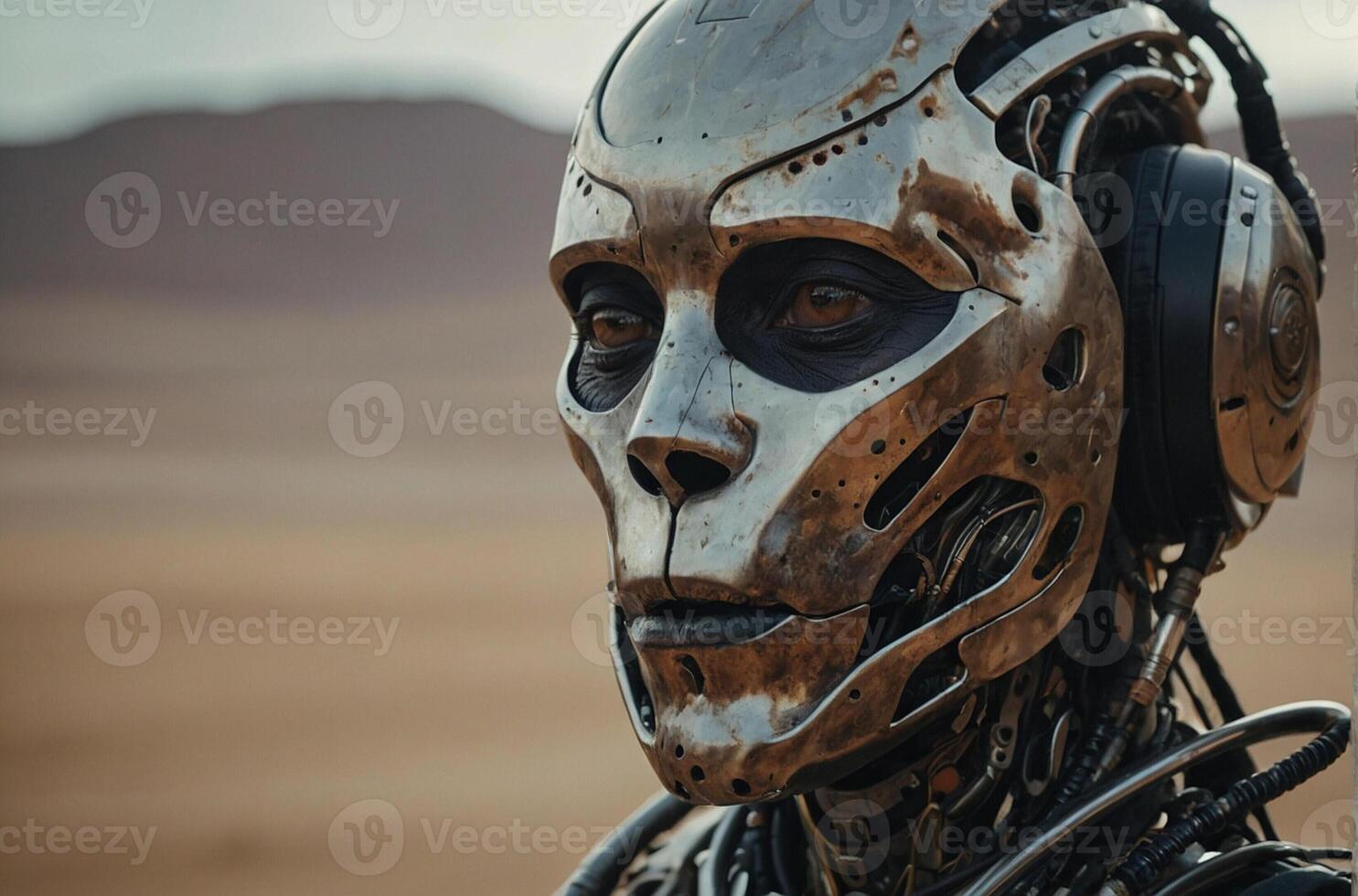 A robot with headphones on in the desert photo