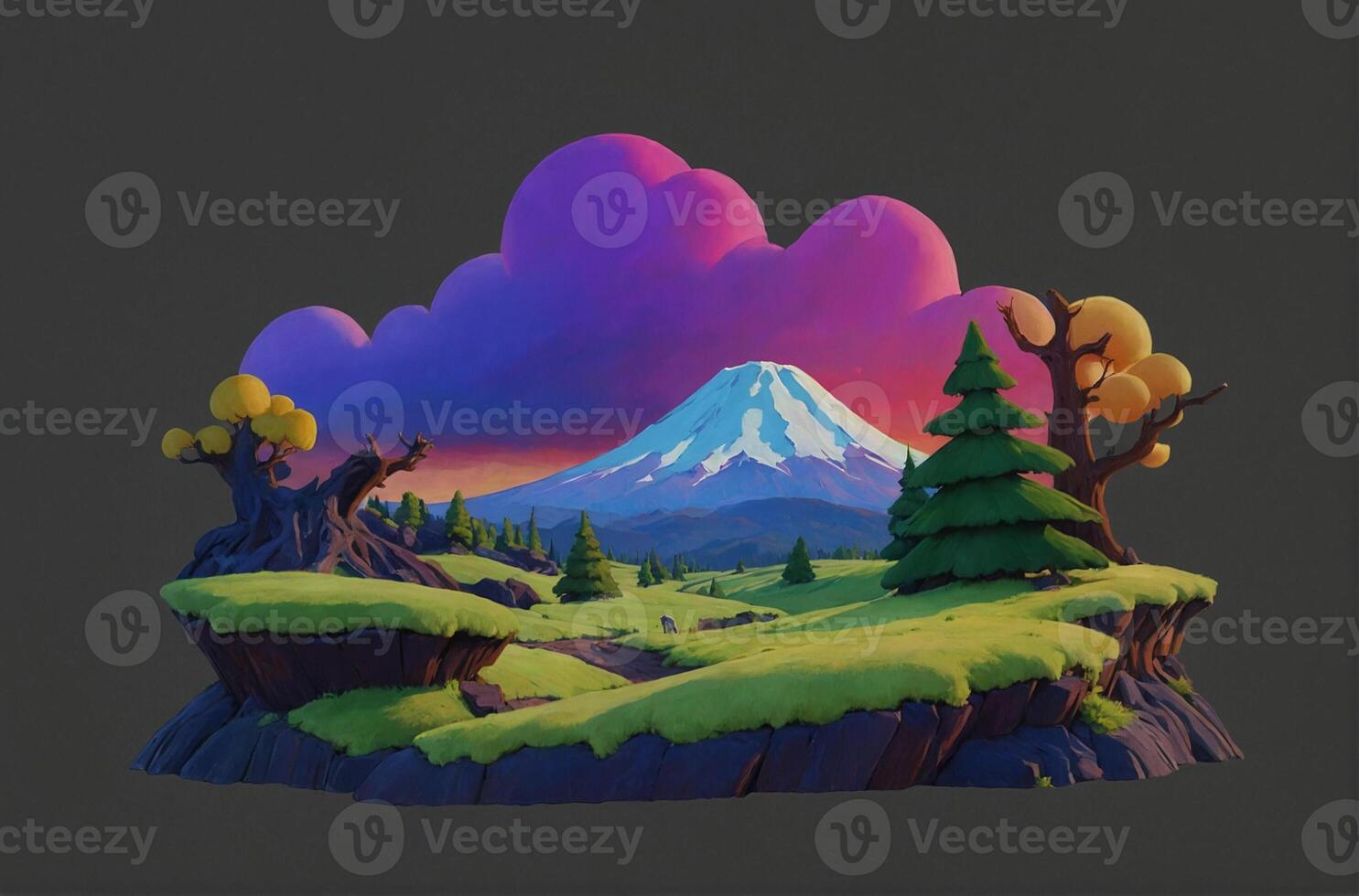 A cartoon mountain with trees and clouds photo