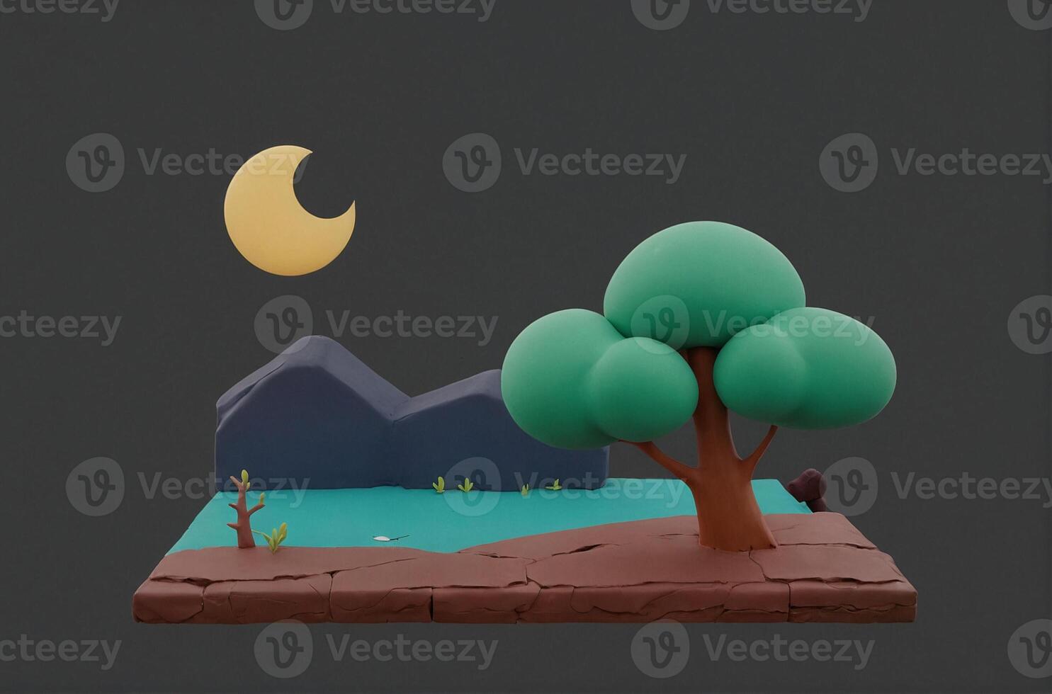 A 3d model of a tree and a moon photo