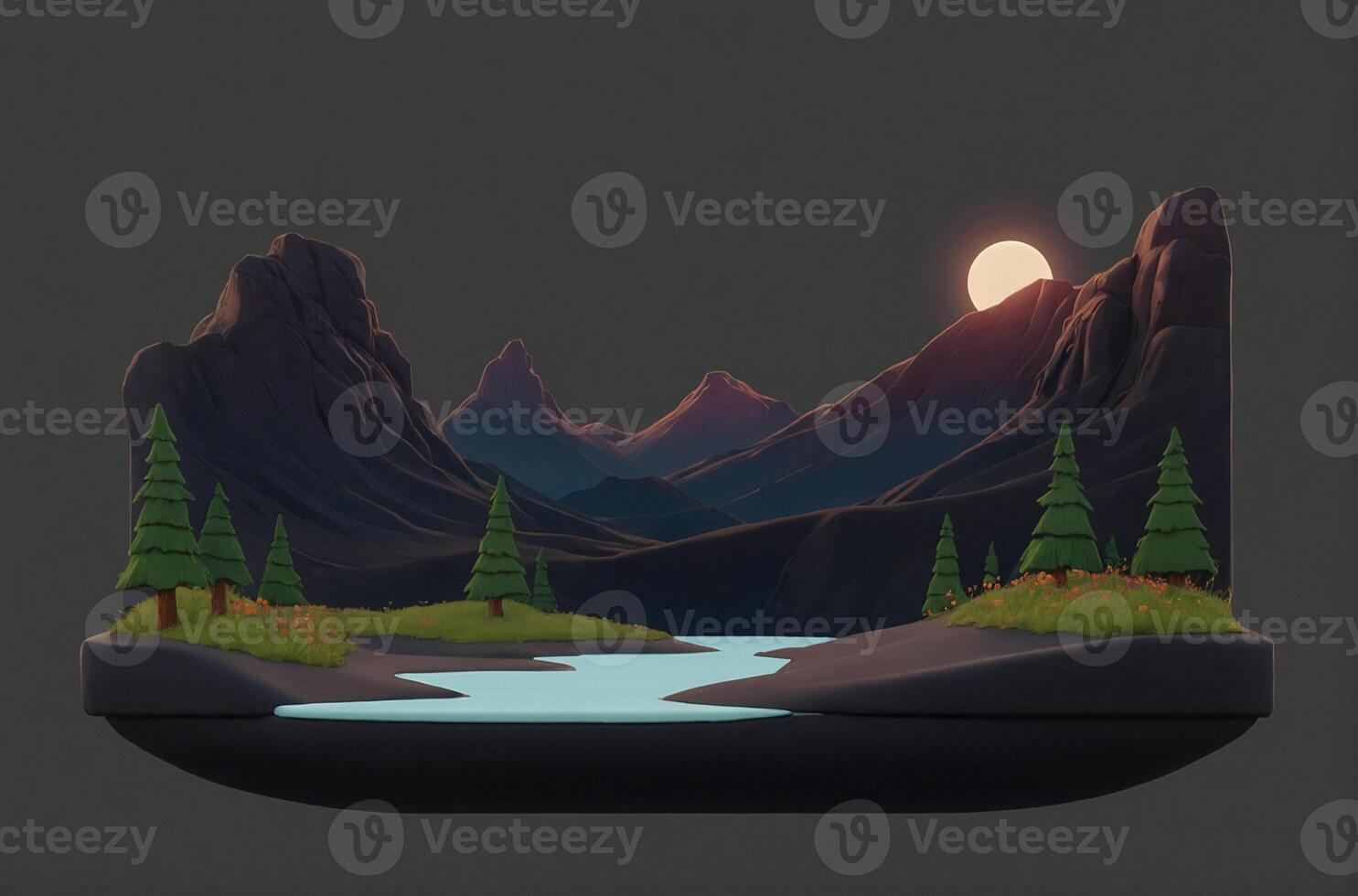 A mountain landscape with trees and a river photo