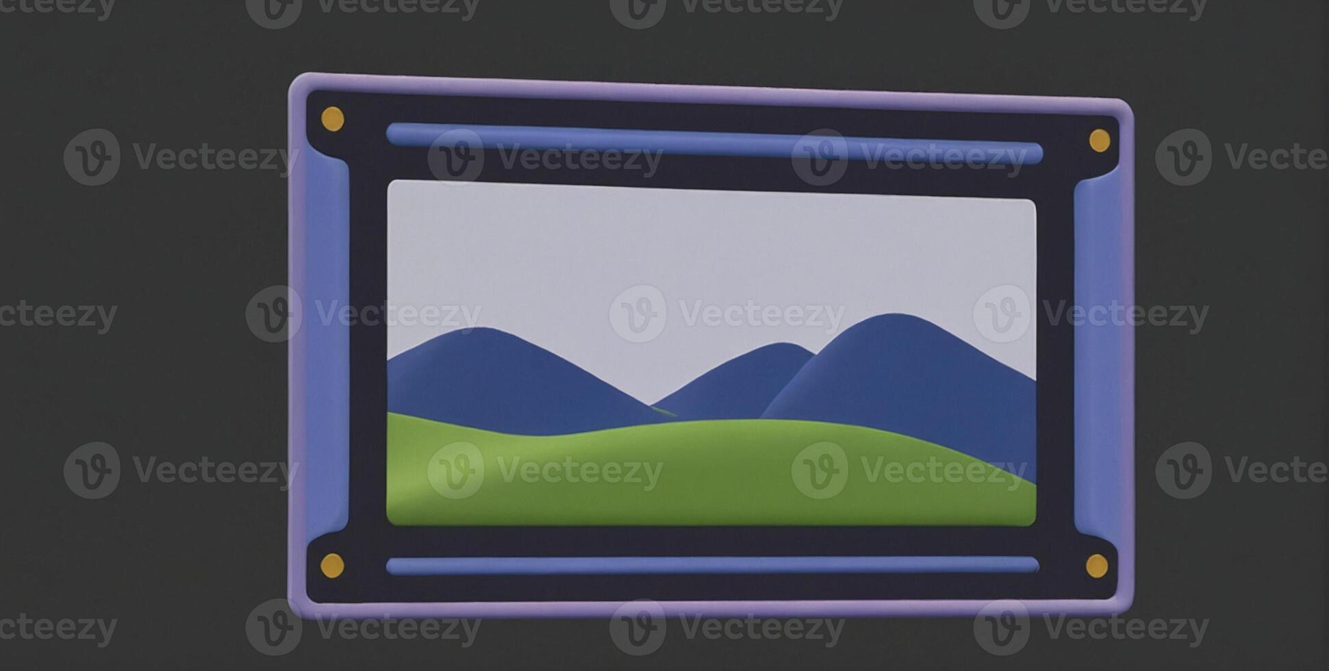 A picture frame with mountains and a green sky photo