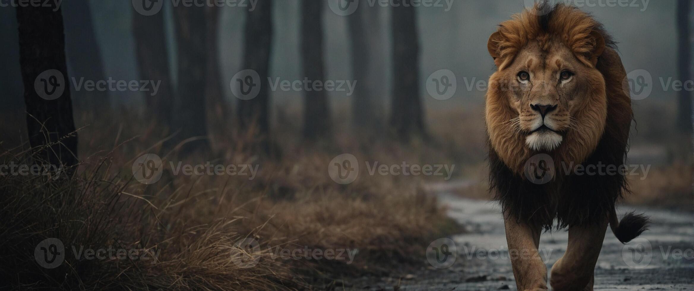 A lion walking down a path in the woods photo