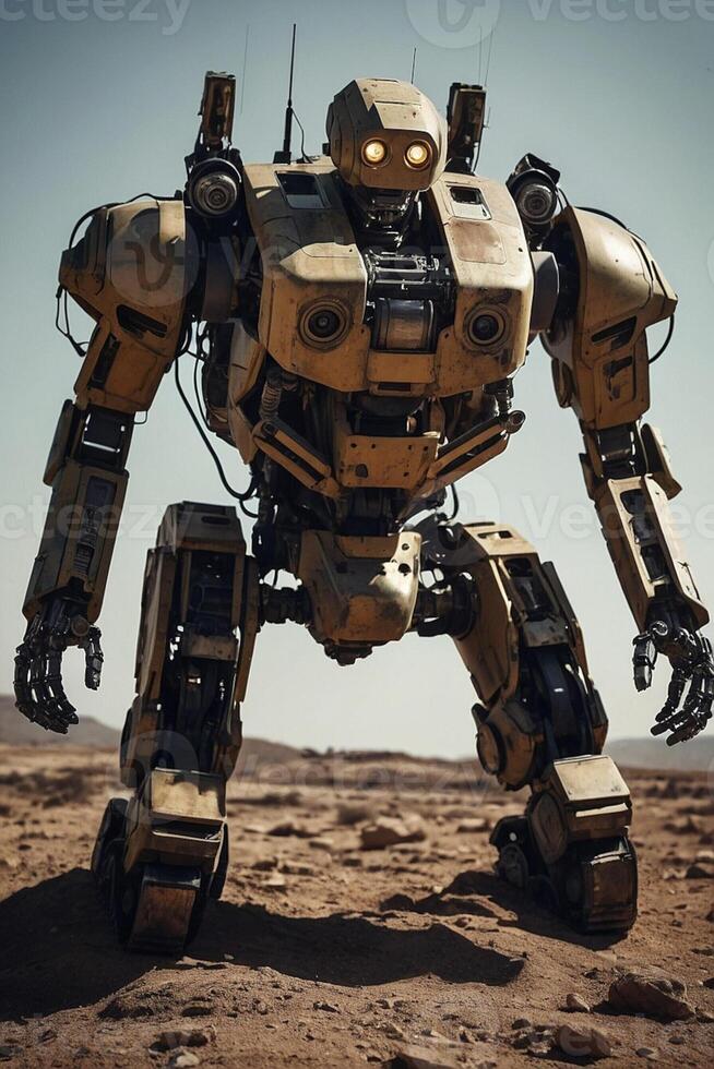 Advanced Military Robot Standing in a Desert Environment During a Daytime Operation photo