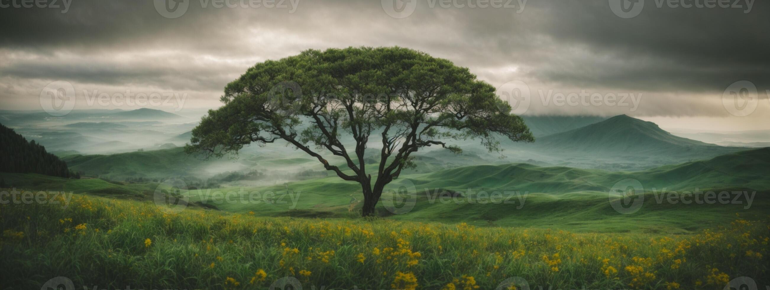 A lone tree stands in the middle of a green field photo
