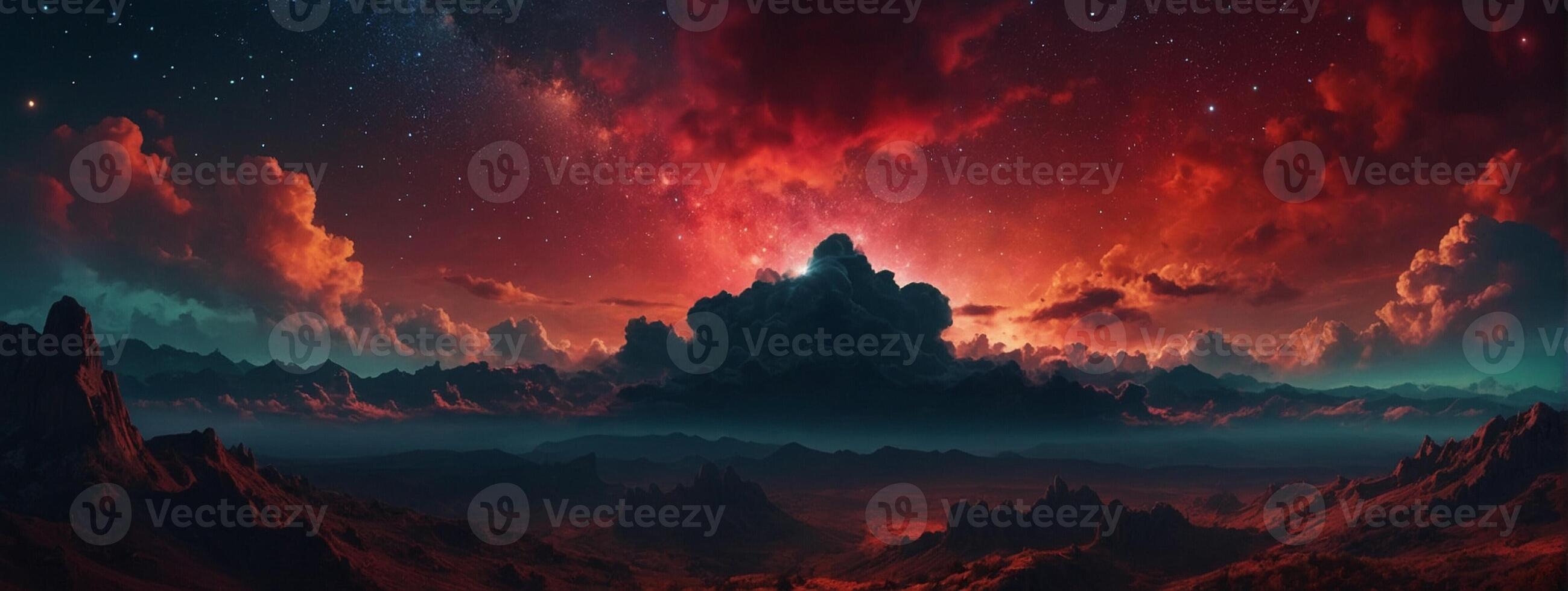 A red sky and clouds over a mountain photo