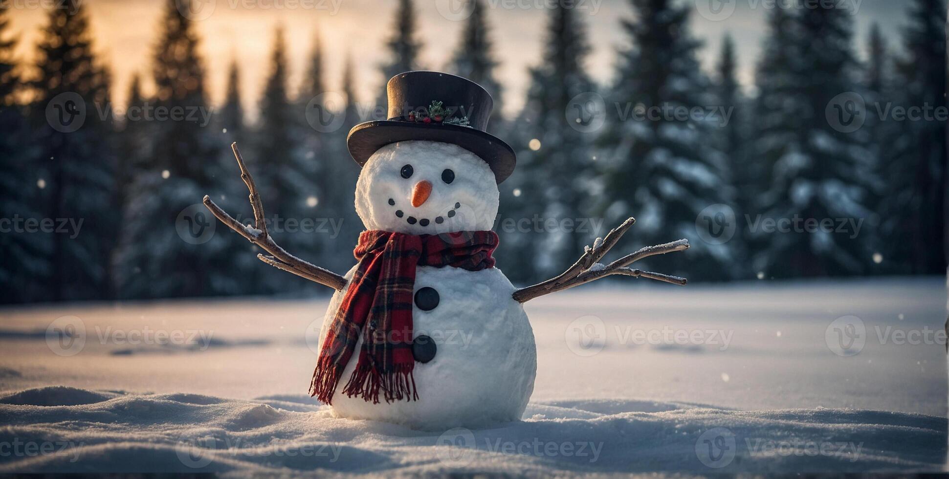 A snowman wearing a hat and scarf in the snow photo