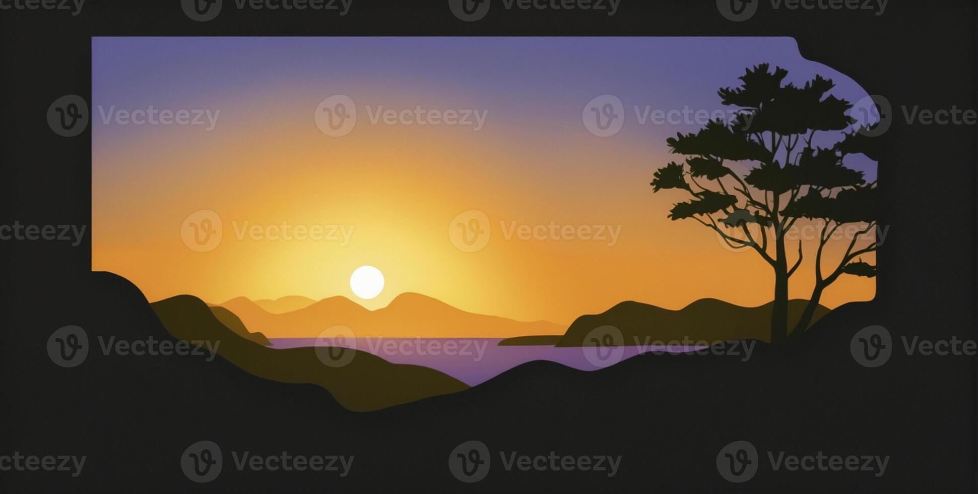 A silhouette of a tree and a sunset in the shape of a state photo