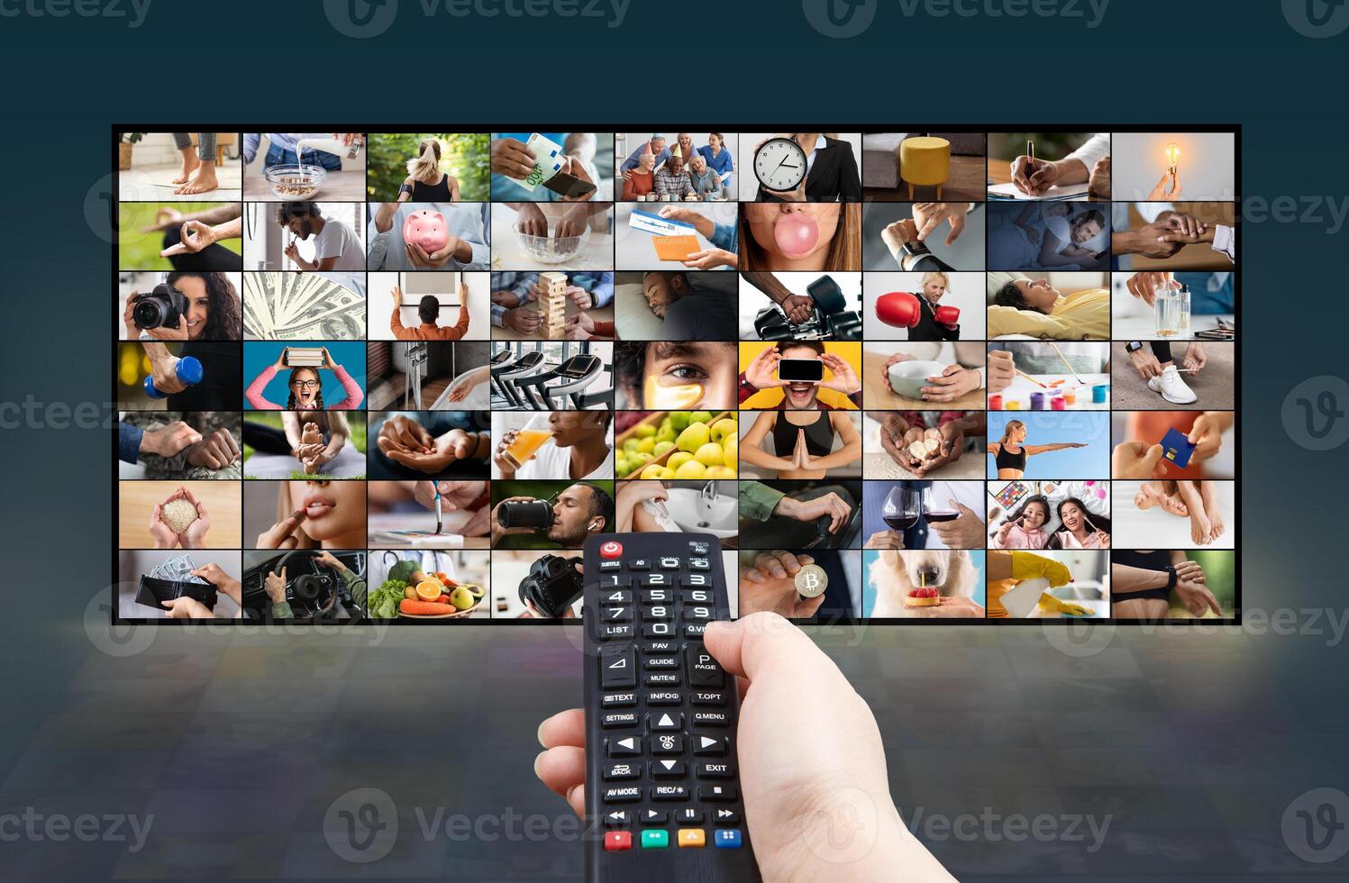 A hand is holding a black remote control in front of a flat-screen television. The television is displaying a collage of images depicting various activities, such as people taking photos, exercising photo