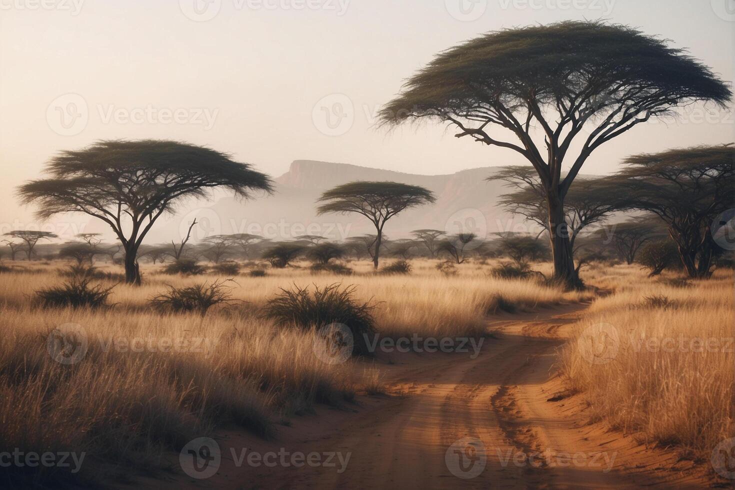 A dirt road in the middle of the savannah with trees photo
