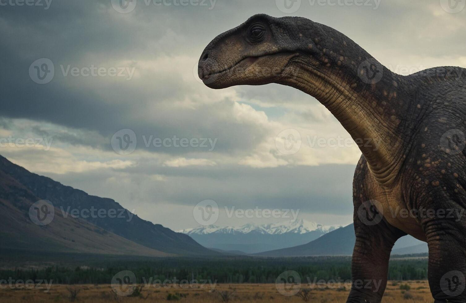 Apatosaurus Close Up in Field With Mountains photo