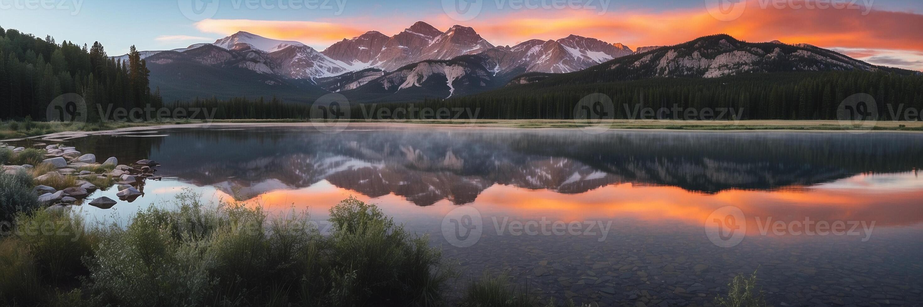 The mountains are reflected in the water at sunset photo