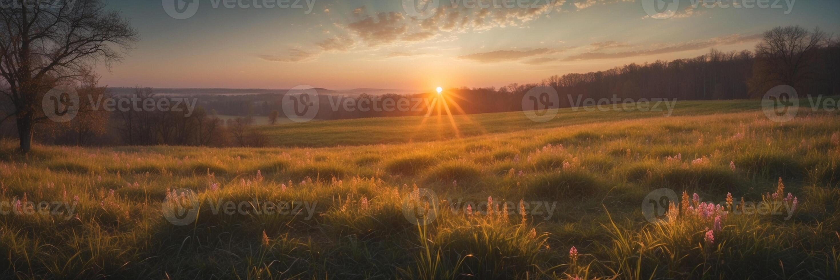 The sun rises over a field with grass and flowers photo