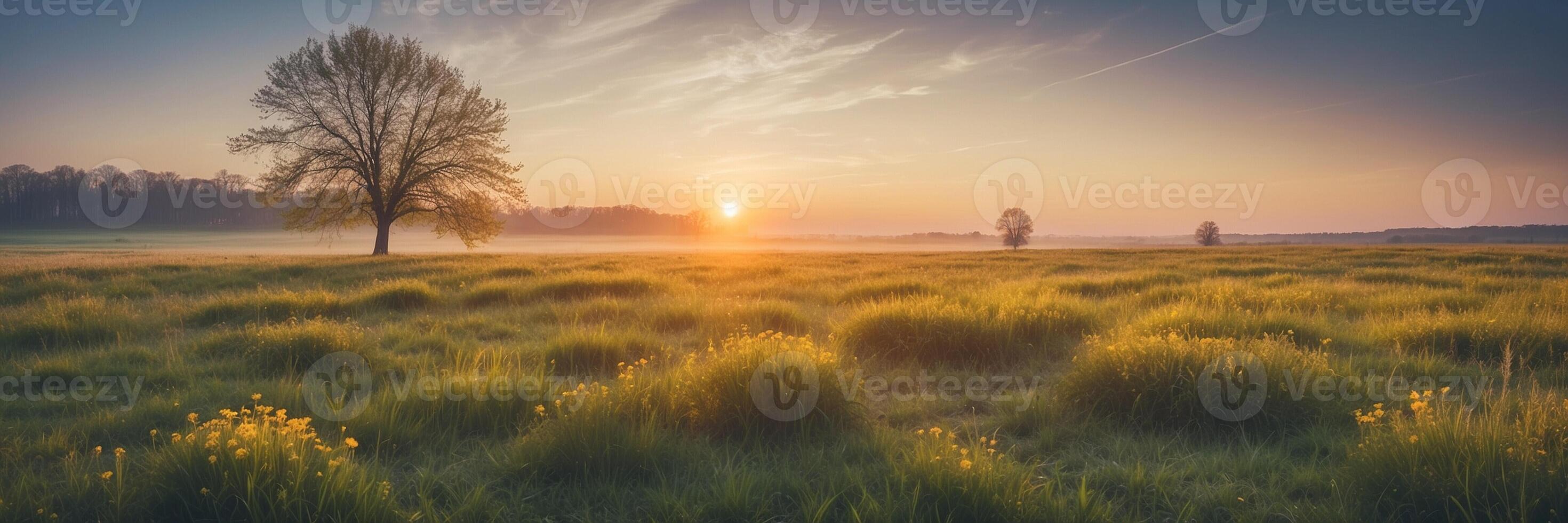 A field with trees and grass at sunrise photo